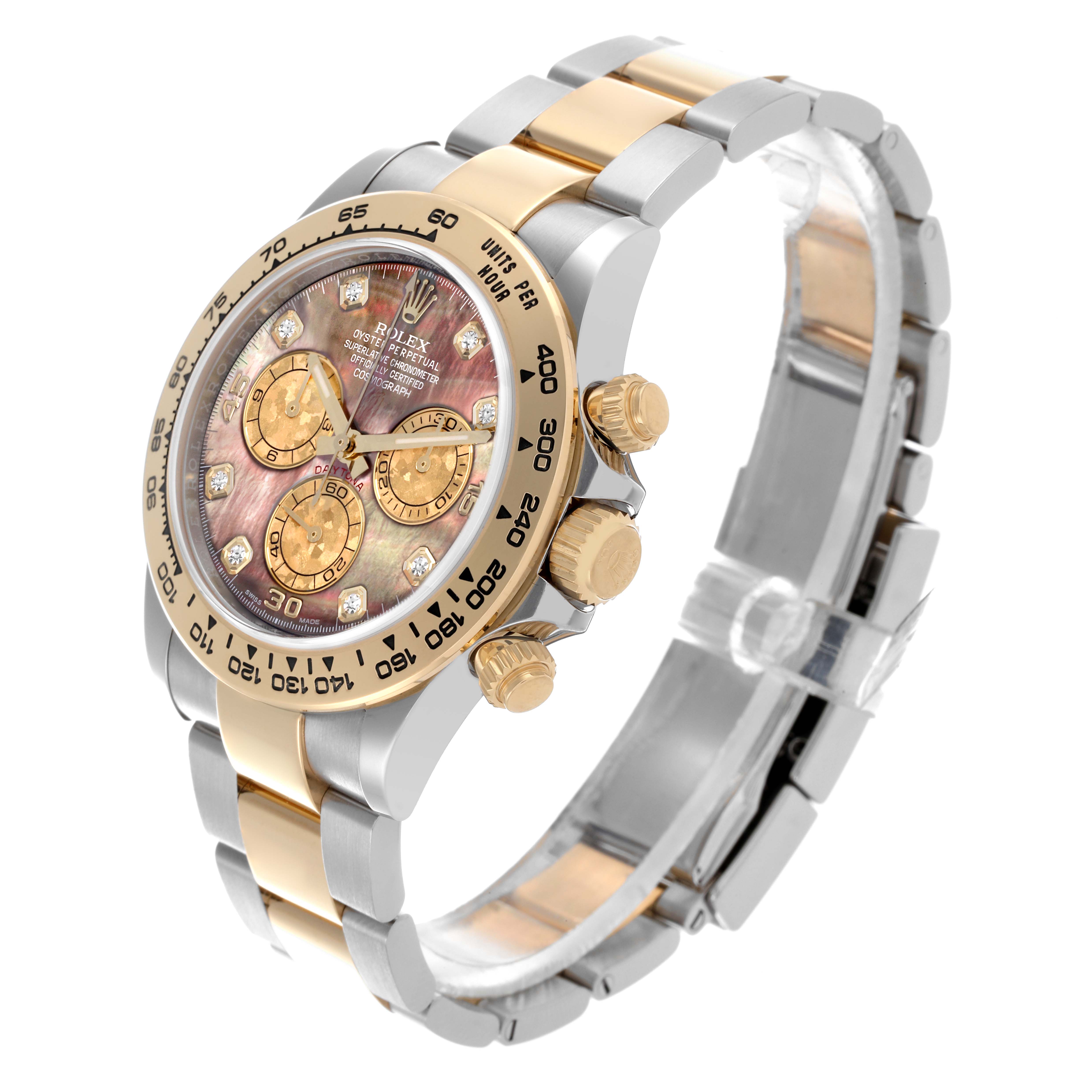 The Rolex Daytona 116503 Men's Steel and Gold (two tone) Mother of Pearl Dial 116503 Men's Steel and Gold (two tone) Mother of Pearl Dial watch is shown at a three-quarter angle, highlighting the face, bezel, and bracelet.