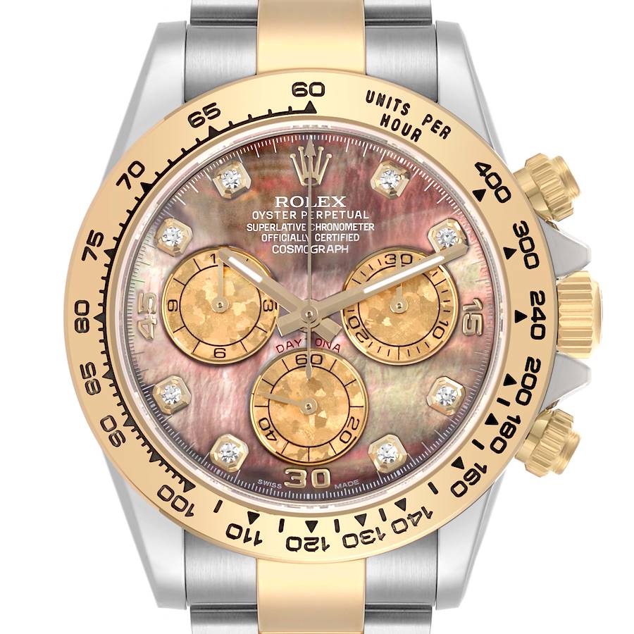 The Rolex Daytona watch is shown from the front, displaying its dial, bezel, and two-tone bracelet.