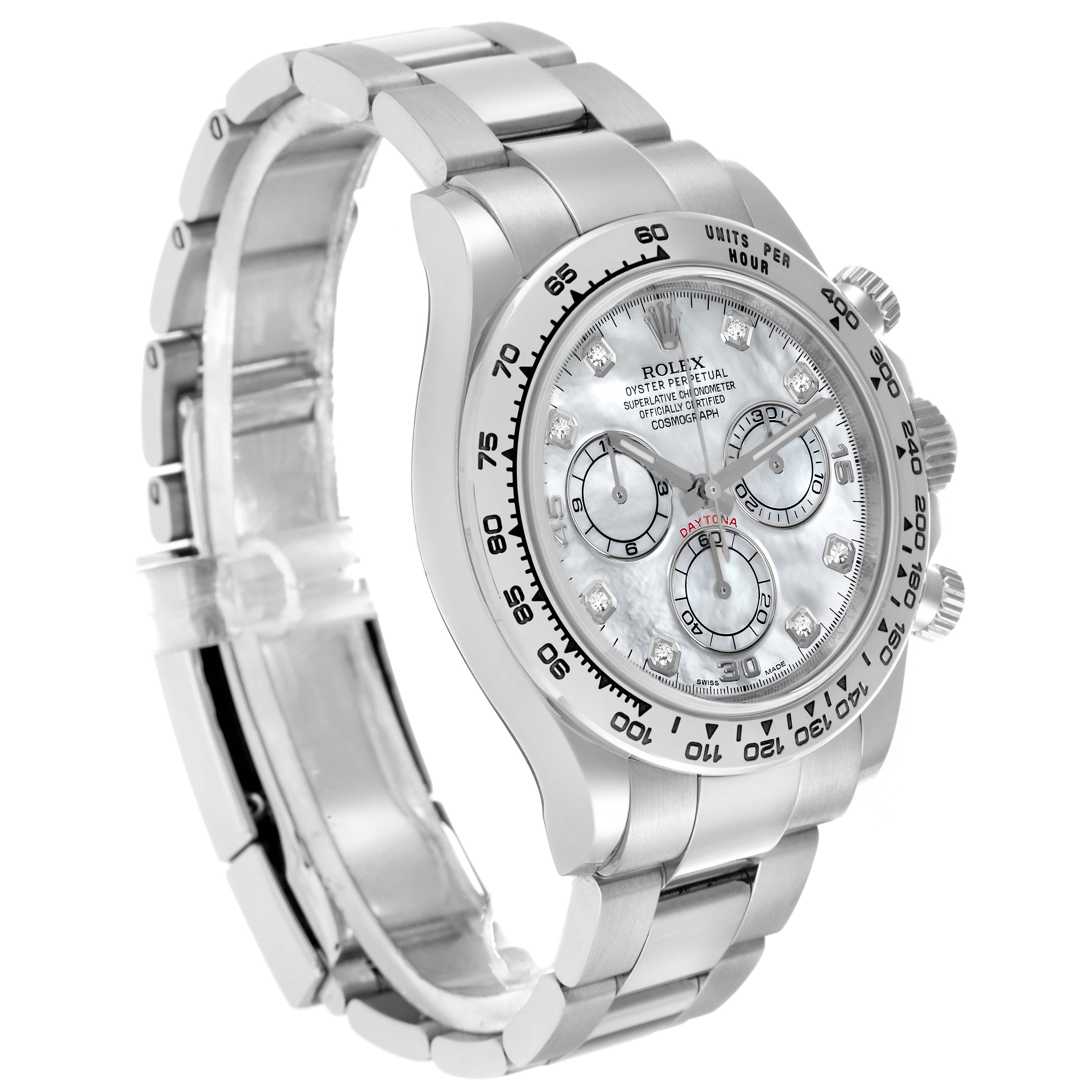 The Rolex Daytona 116509NG Men
s White Gold Mother of Pearl Dial watch is shown at a three-quarter angle, highlighting its face, bezel, and bracelet.