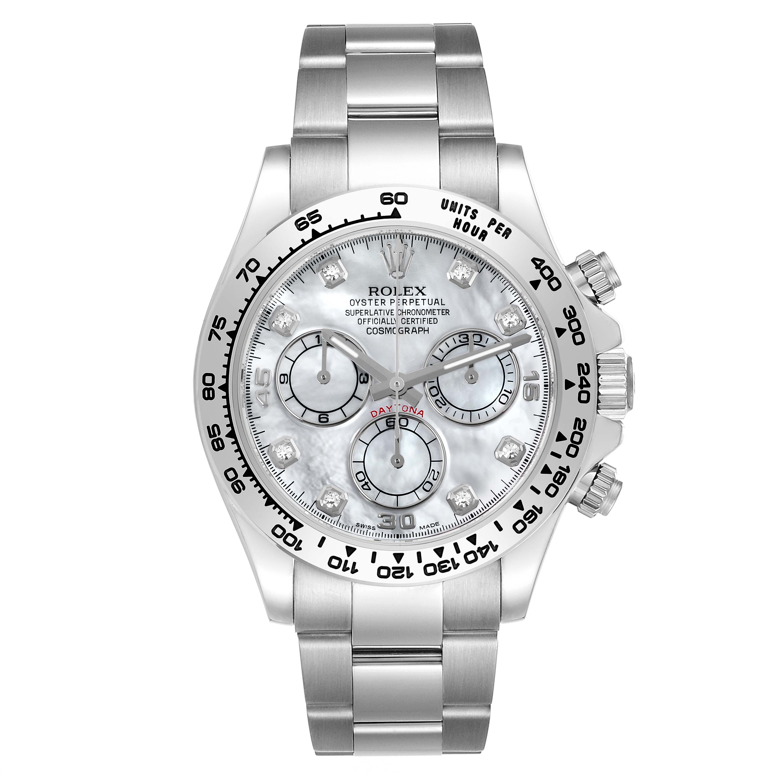 The image shows the Rolex Daytona 116509NG Men
s White Gold Mother of Pearl Dial watch face-on, highlighting the bracelet, bezel, subdials, and crown.