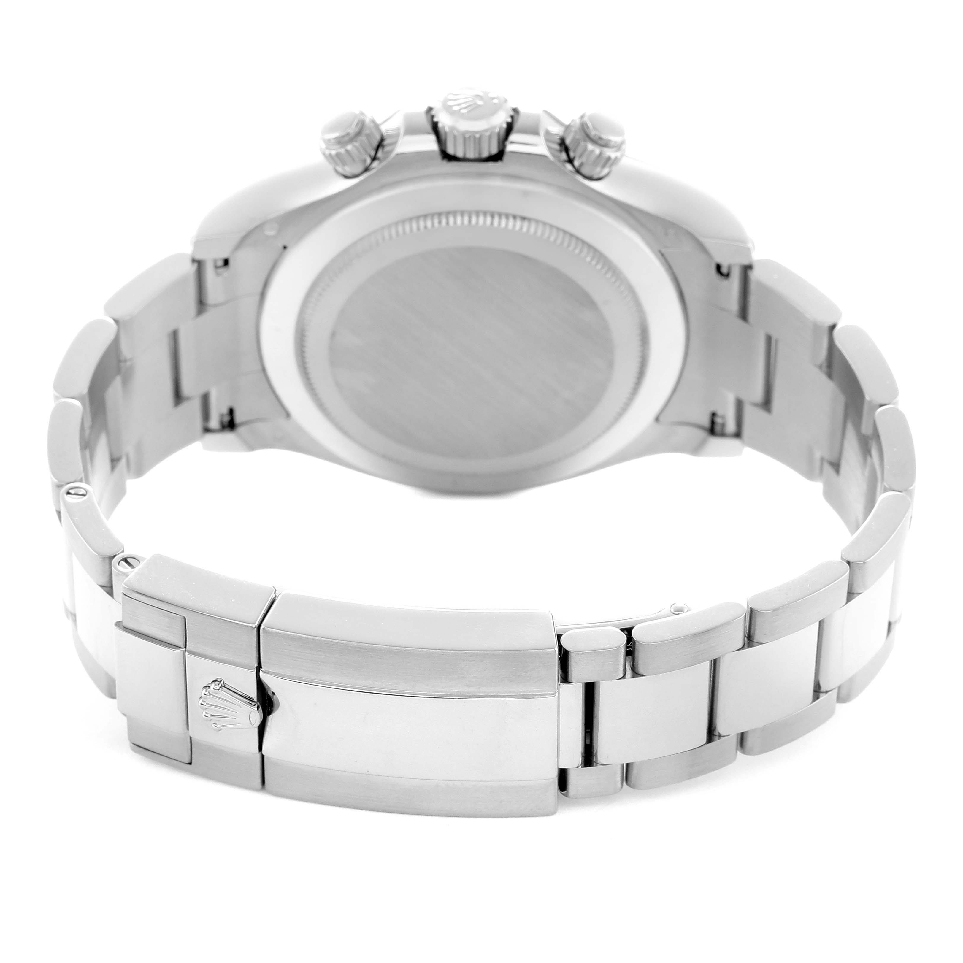 The image shows the back and clasp of a Rolex Daytona 116509NG Men
s White Gold Mother of Pearl Dial watch, highlighting the bracelet and caseback from a rear angle.