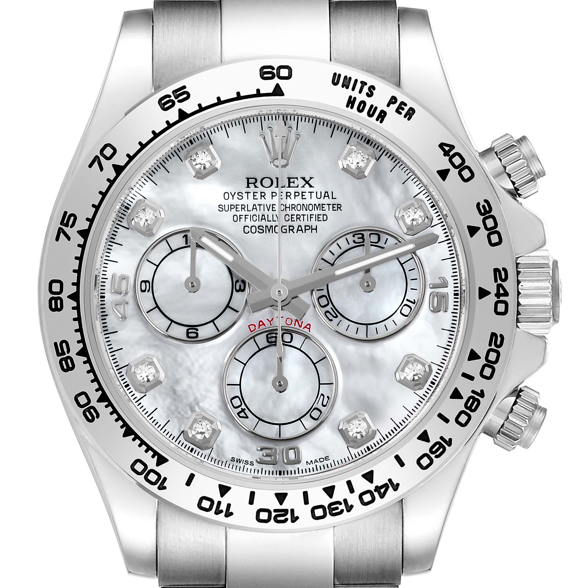 The Rolex Daytona 116509NG Men
s White Gold Mother of Pearl Dial watch is shown from a front angle, highlighting the dial, bezel, and part of the bracelet.