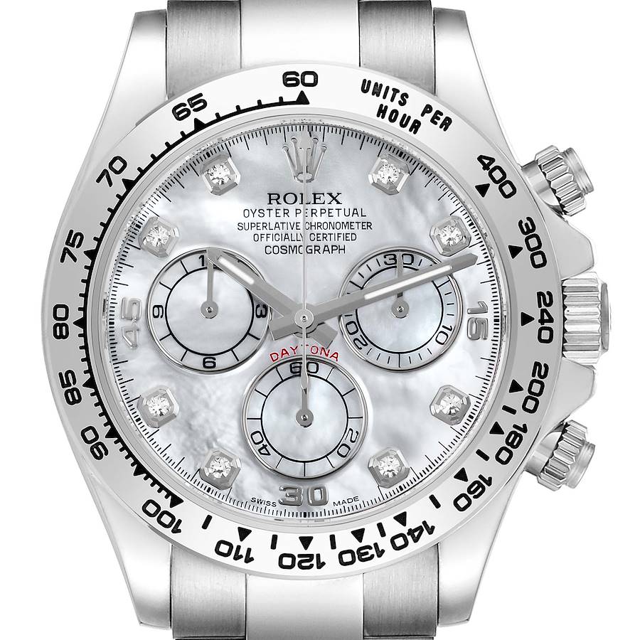 The Rolex Daytona 116509NG Men's White Gold Mother of Pearl Dial watch is shown from a front angle, highlighting the dial, bezel, and part of the bracelet.