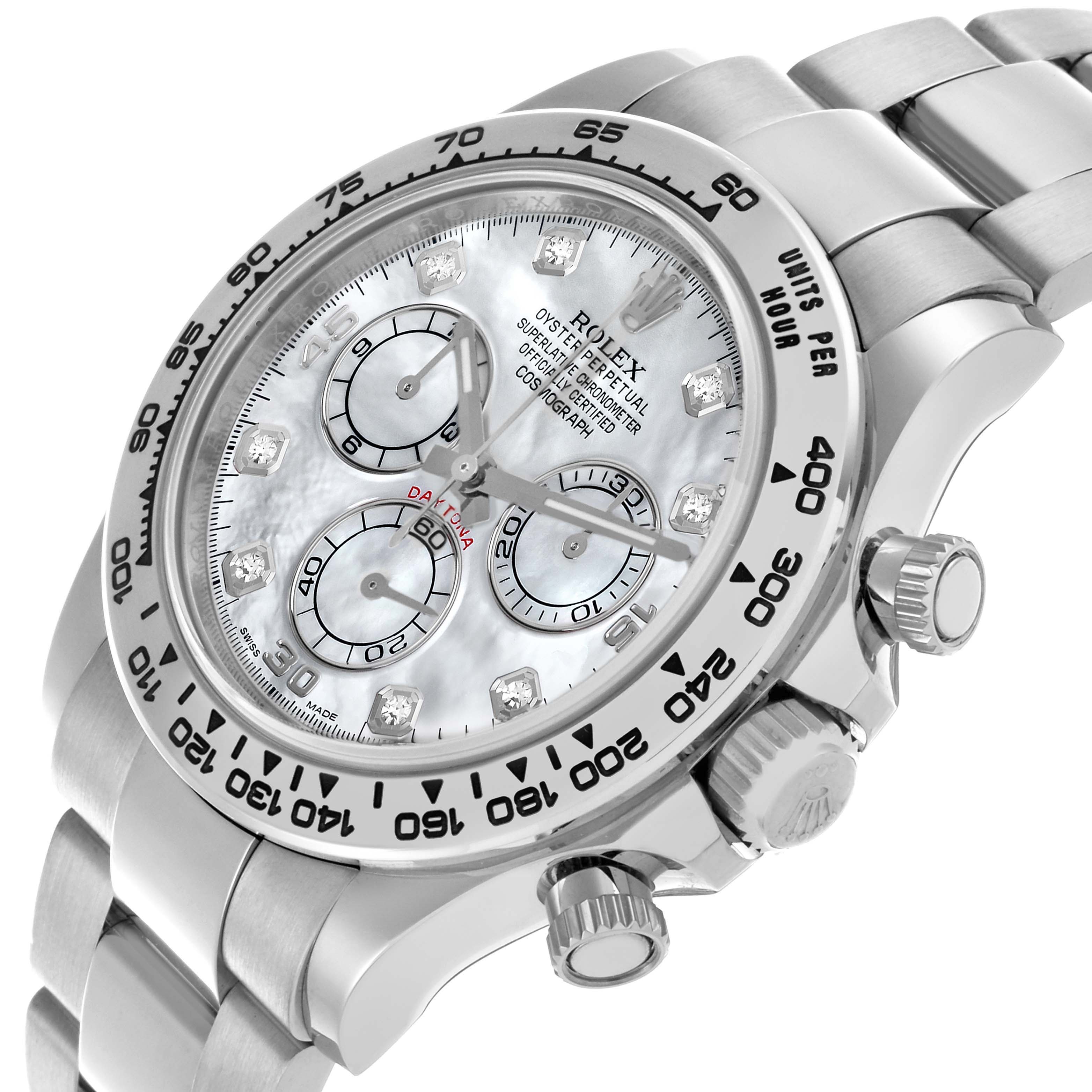 The Rolex Daytona 116509NG Men
s White Gold Mother of Pearl Dial watch is shown at an angled view highlighting the dial, bezel, crown, and part of the bracelet.