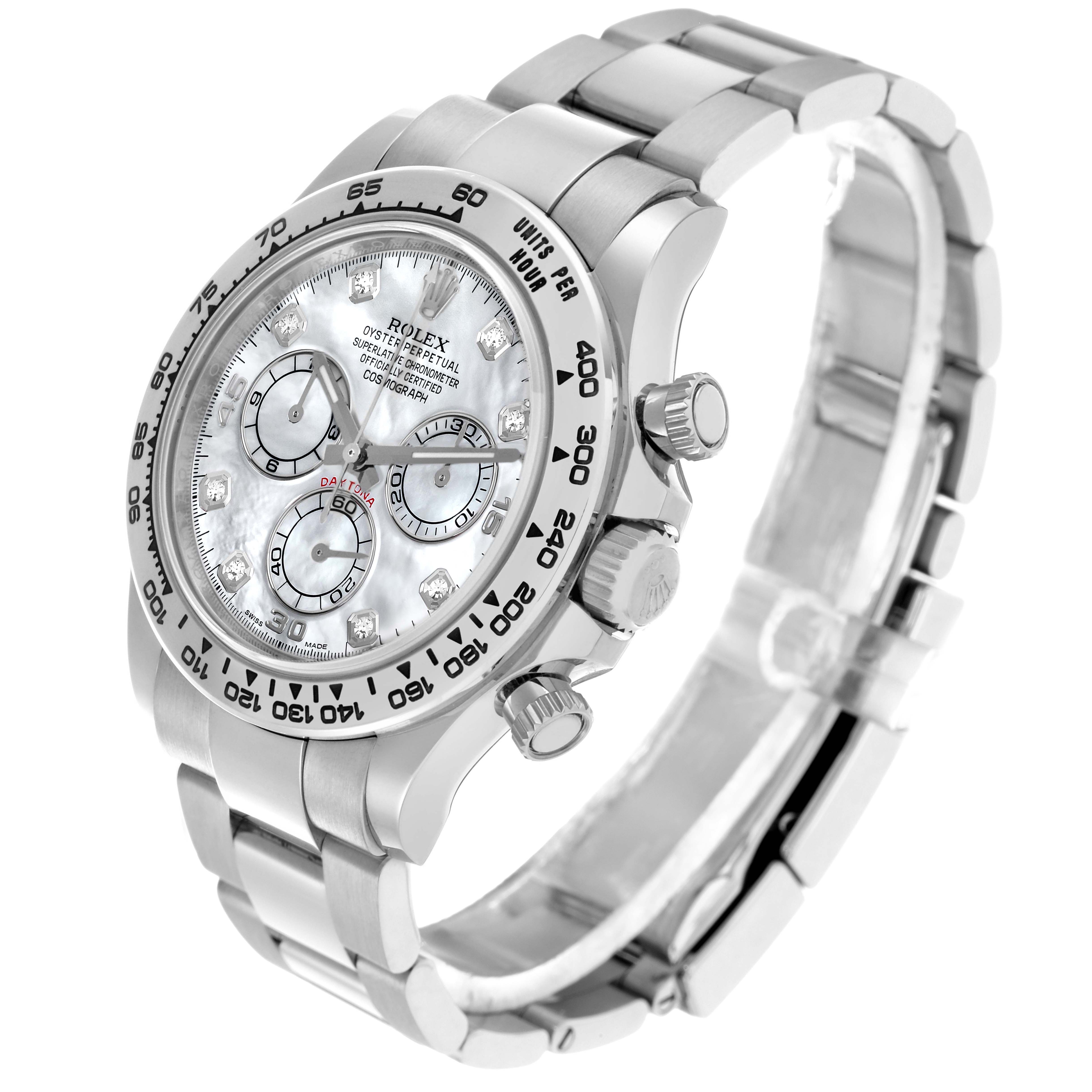 The Rolex Daytona 116509NG Men
s White Gold Mother of Pearl Dial watch is shown at a three-quarter angle, displaying the face, bezel, and bracelet.