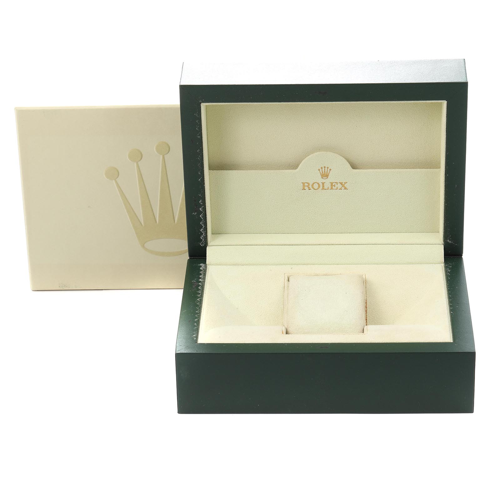 The image shows the open presentation box for a Rolex Daytona 116509NG Men
s White Gold Mother of Pearl Dial, featuring the brand
s logo and a cushion for the watch.