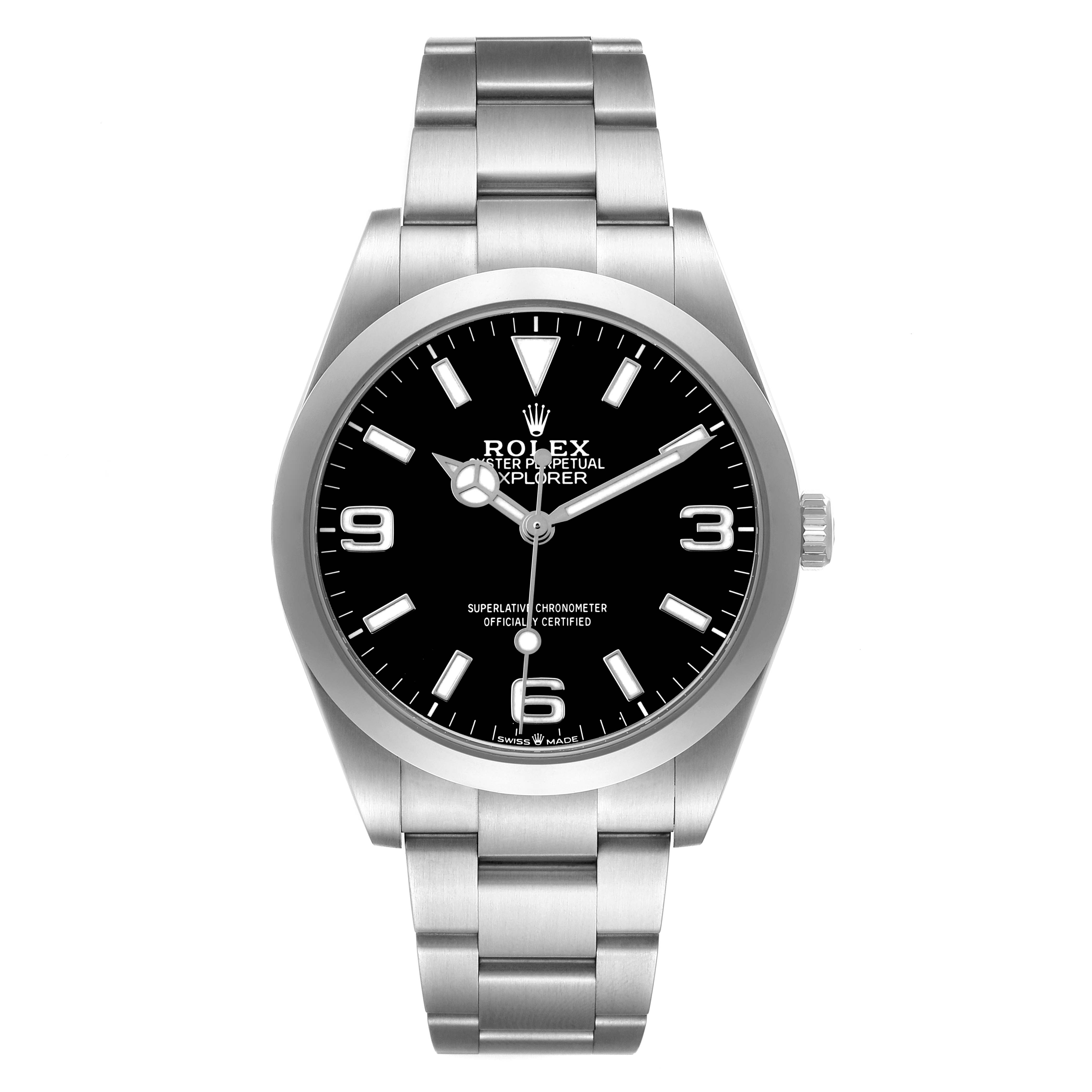 The Rolex Explorer 224270 Men's Stainless Steel Black Dial watch is shown from the front, displaying the dial, bezel, and bracelet clearly.