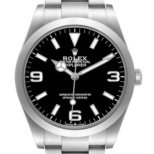 The Rolex Explorer 224270 Men's Stainless Steel Black Dial watch is shown from the front angle, highlighting the dial, bezel, and part of the bracelet.