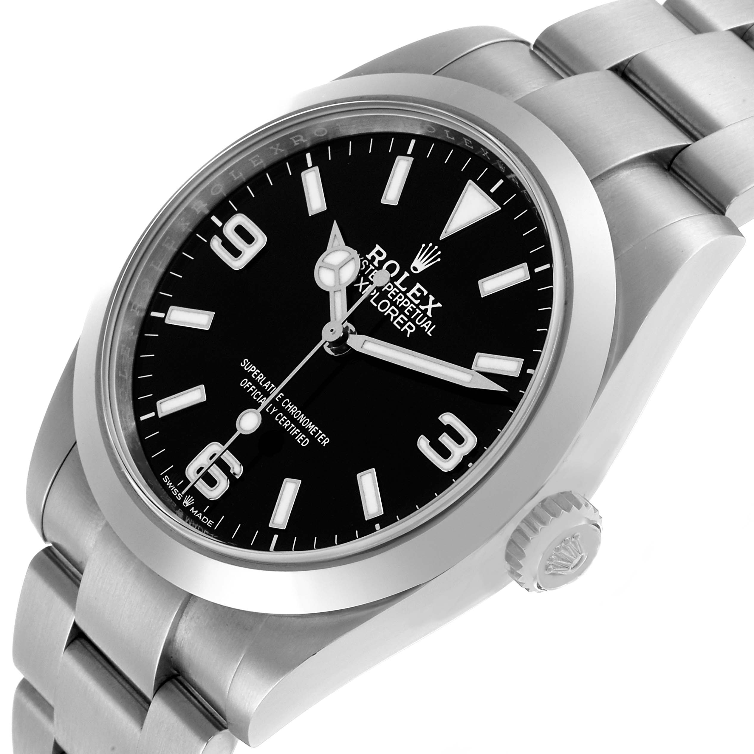 The Rolex Explorer 224270 Men's Stainless Steel Black Dial watch is shown from a side angle, highlighting the dial, bezel, bracelet, and crown.