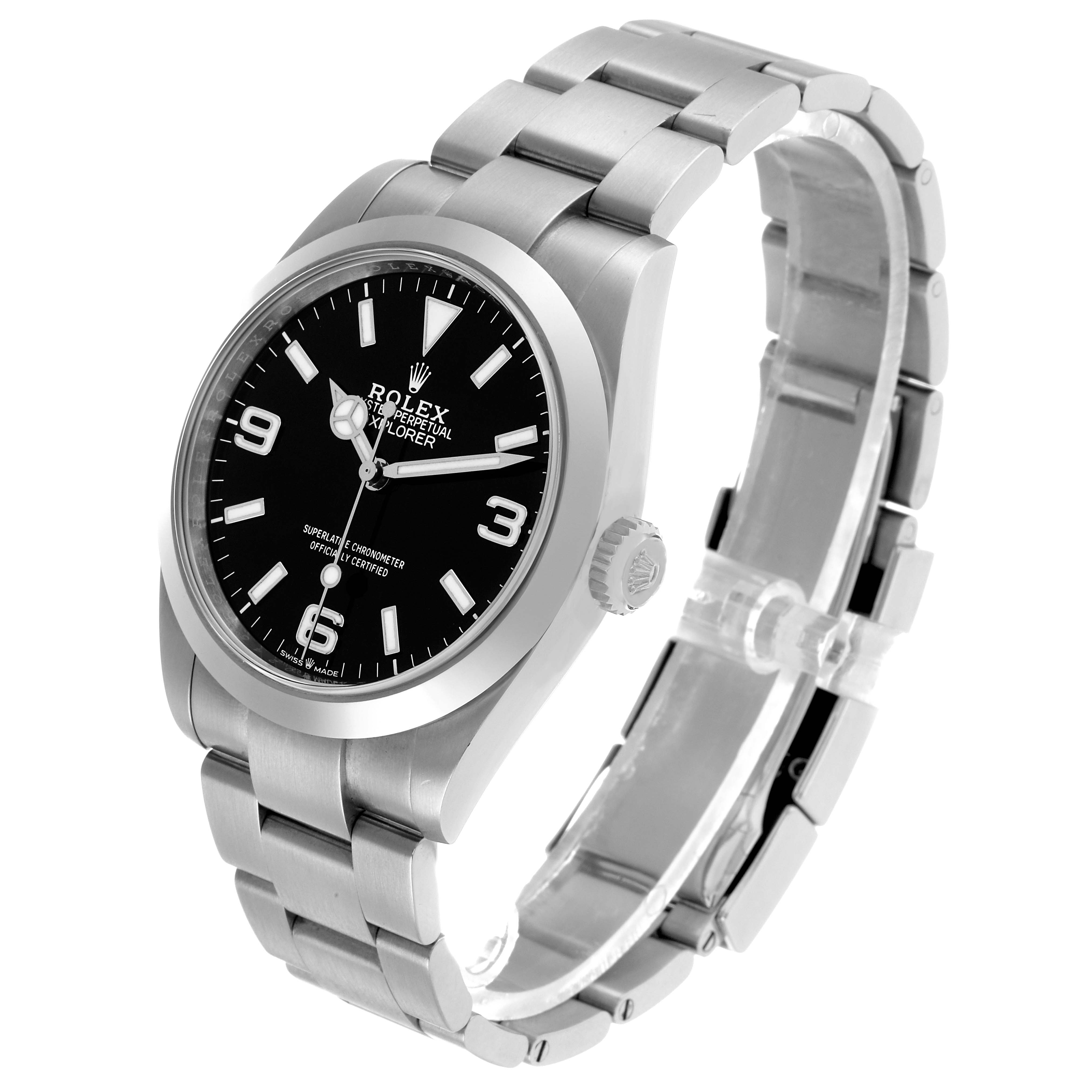 The Rolex Explorer 224270 Men's Stainless Steel Black Dial watch is shown at a three-quarter angle, highlighting the face, bezel, bracelet, and crown.