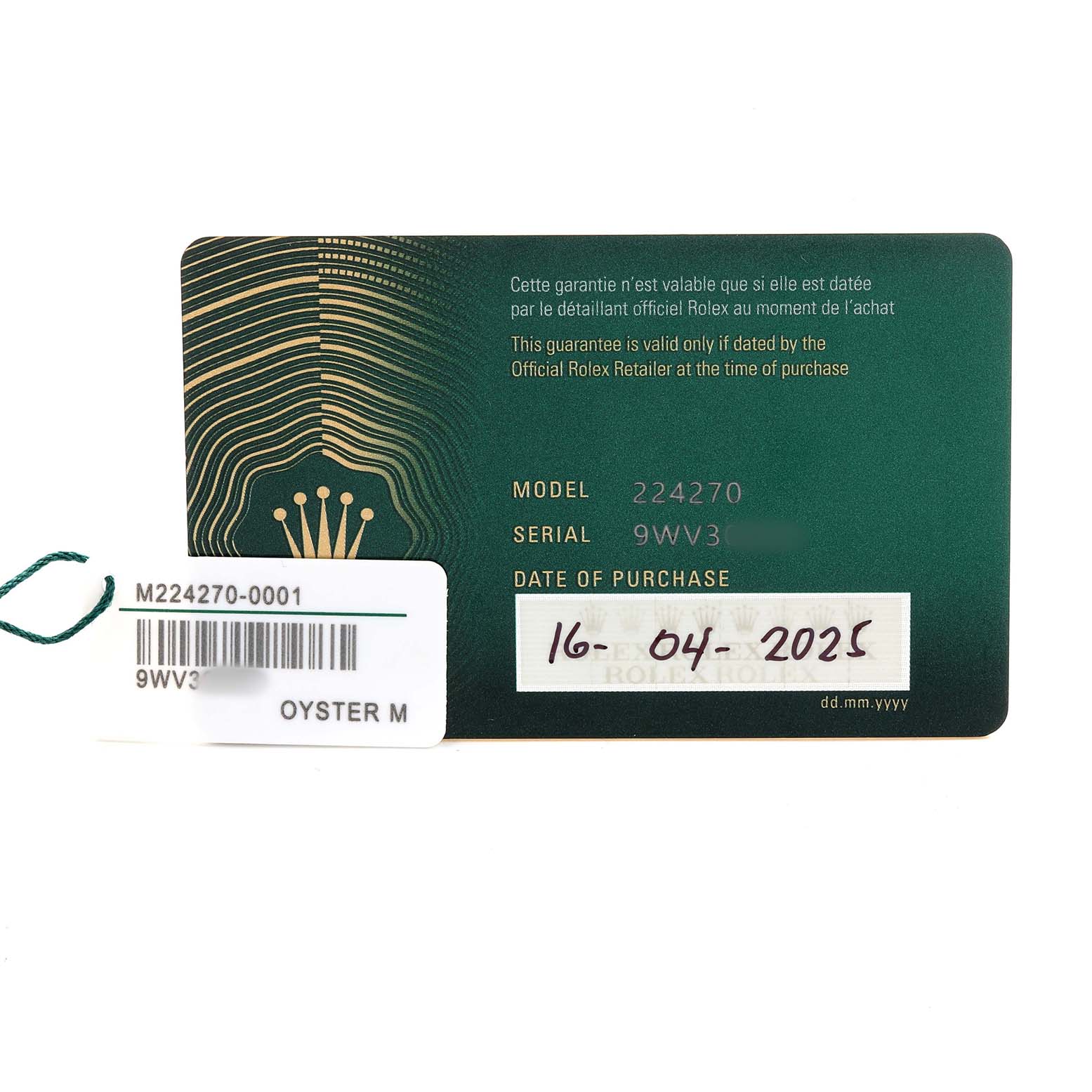 The image shows a Rolex Explorer 224270 Men's Stainless Steel Black Dial model warranty card with serial and purchase date, along with a tag.