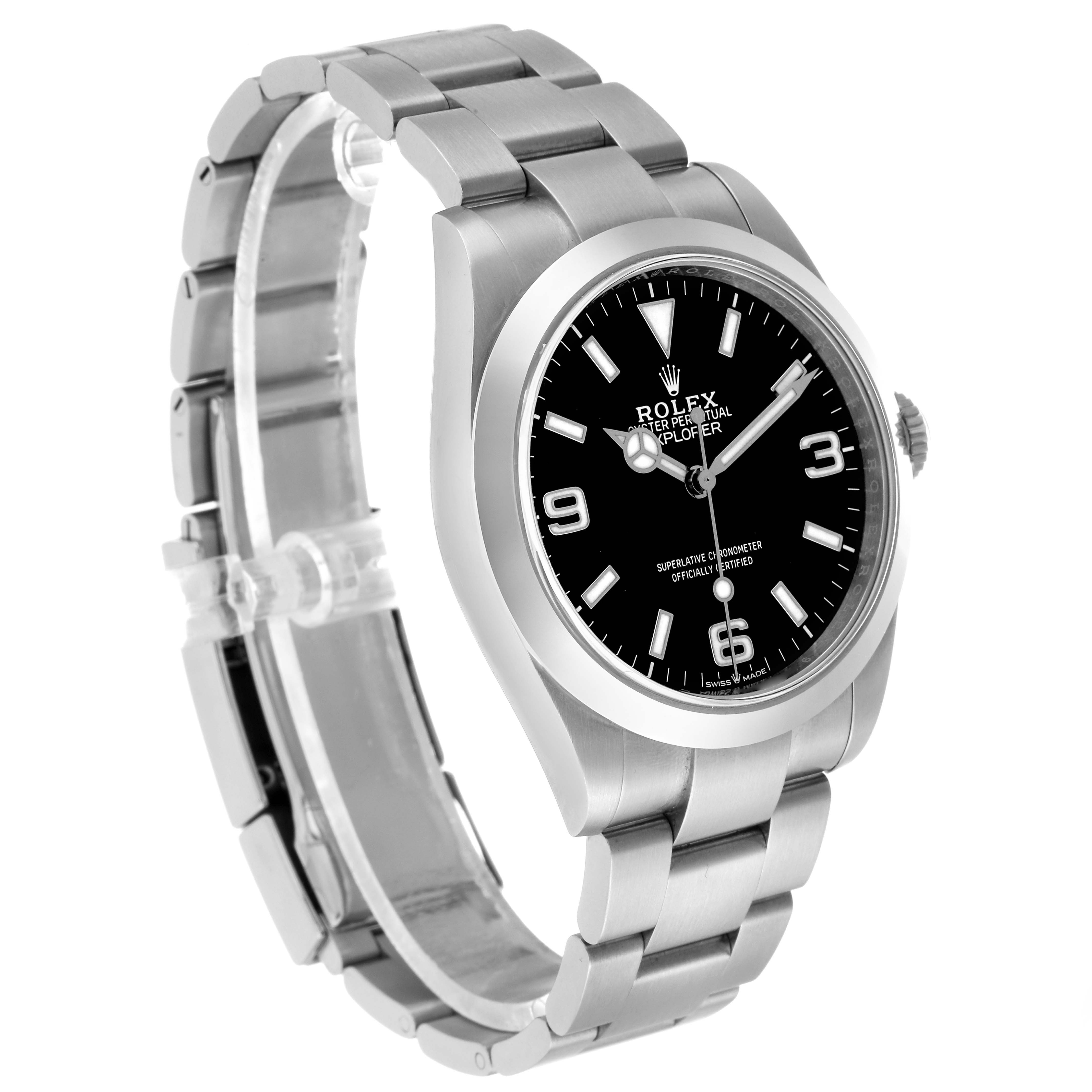 The Rolex Explorer 224270 Men's Stainless Steel Black Dial watch is shown at a slight angle, highlighting the dial, bezel, crown, and stainless steel bracelet.