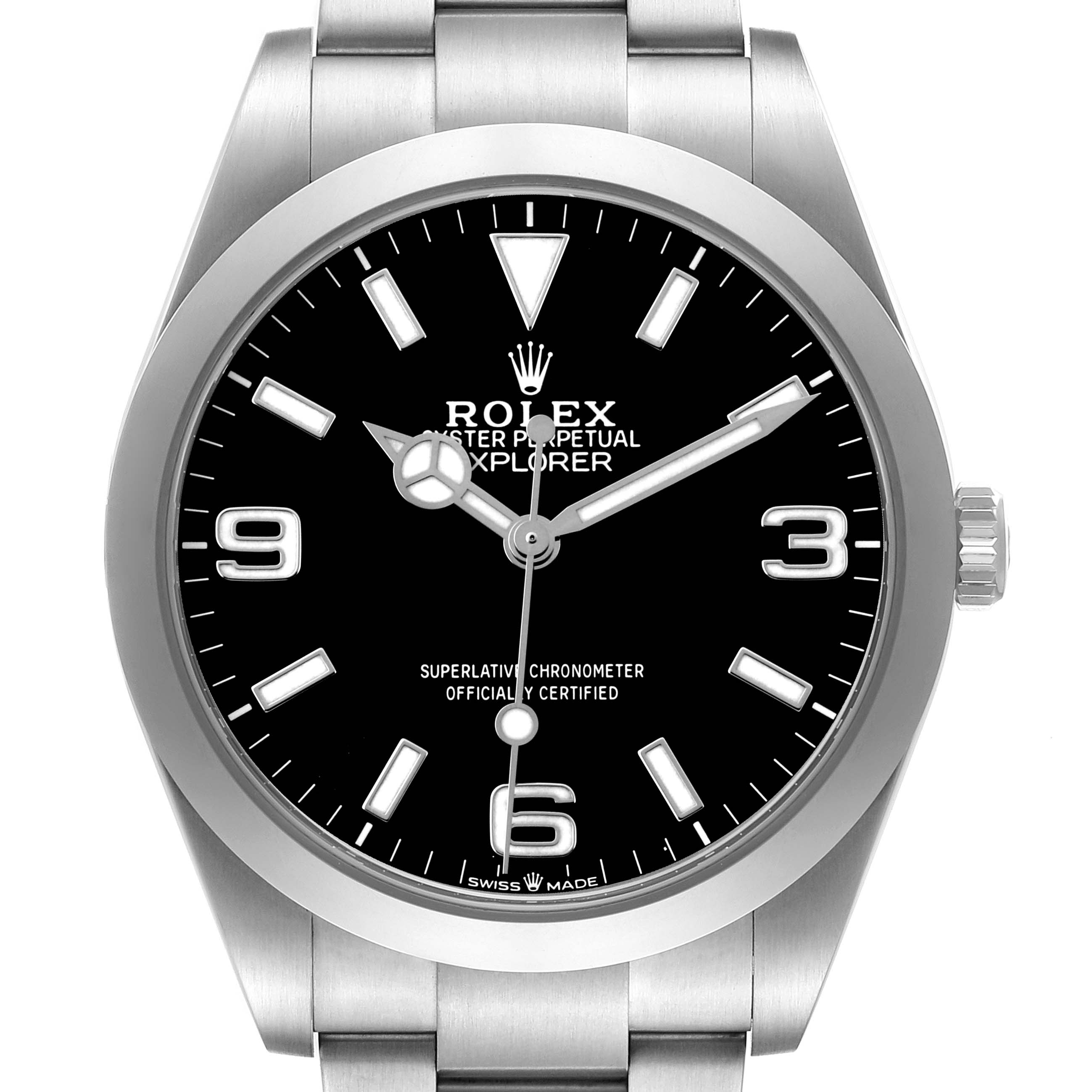 The Rolex Explorer 224270 Men's Stainless Steel Black Dial watch is shown from a front angle, highlighting the dial, bezel, and part of the bracelet.