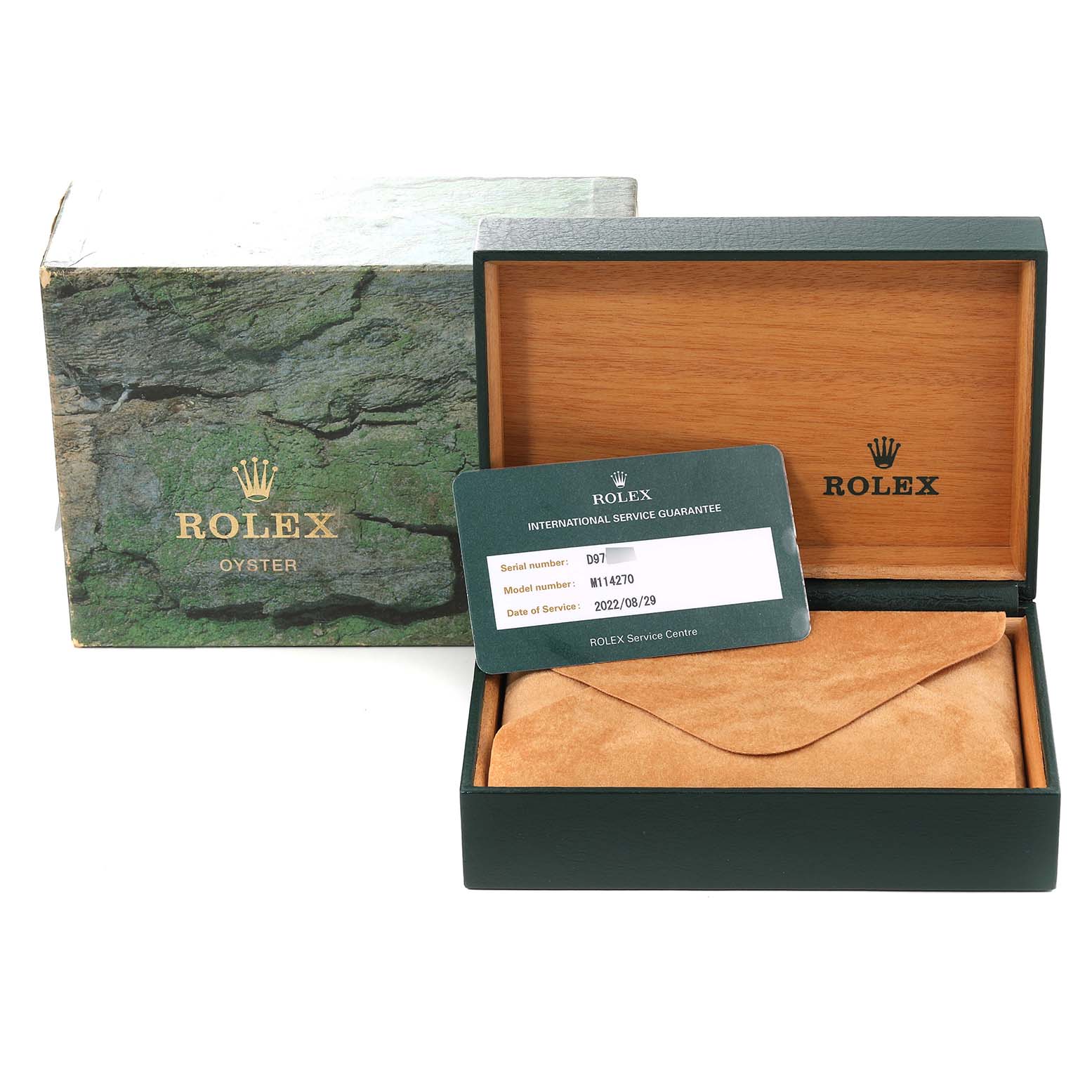 The image shows the box and international service guarantee for the Rolex Explorer 114270 Men
s Stainless Steel Black Dial 114270 Men
s Stainless Steel Black Dial model.