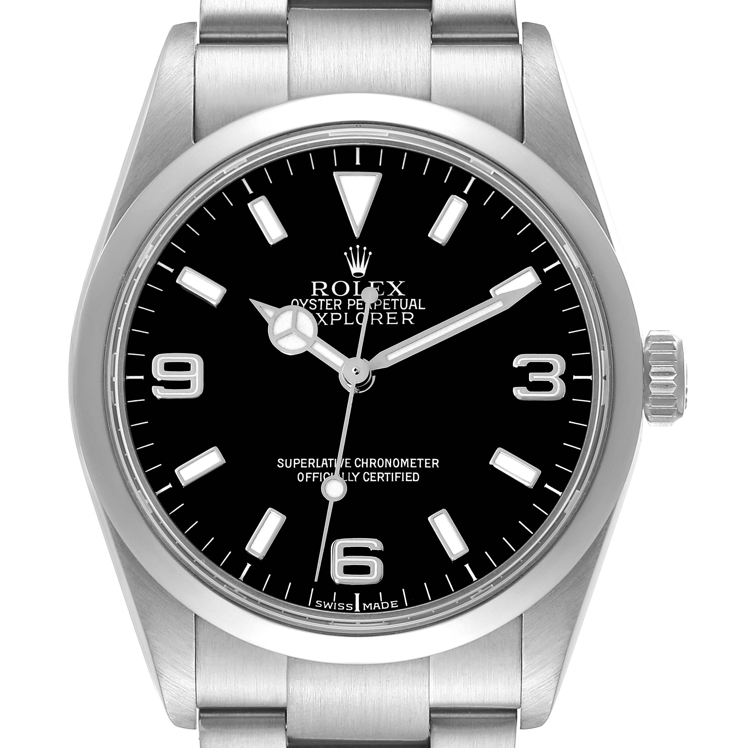 The Rolex Explorer 114270 Men
s Stainless Steel Black Dial 114270 Men
s Stainless Steel Black Dial watch is shown from a front angle highlighting its black dial and stainless steel bracelet.