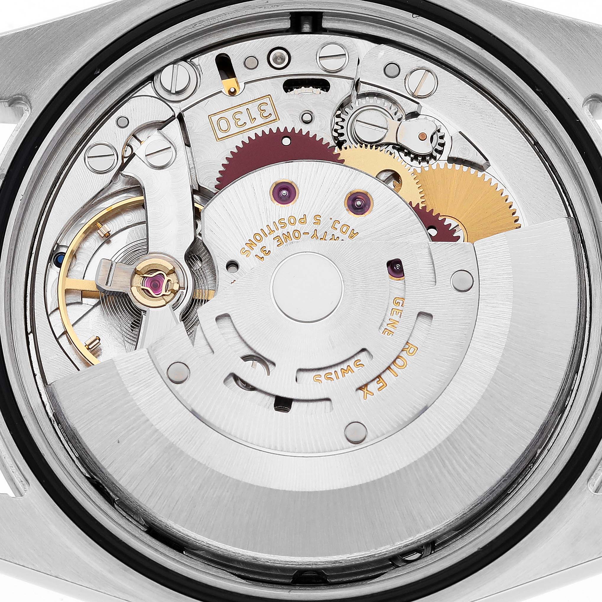 This image shows the internal mechanism of the Rolex Explorer 114270 Men
s Stainless Steel Black Dial 114270 Men
s Stainless Steel Black Dial watch from a top-down view, revealing gears and the movement parts.