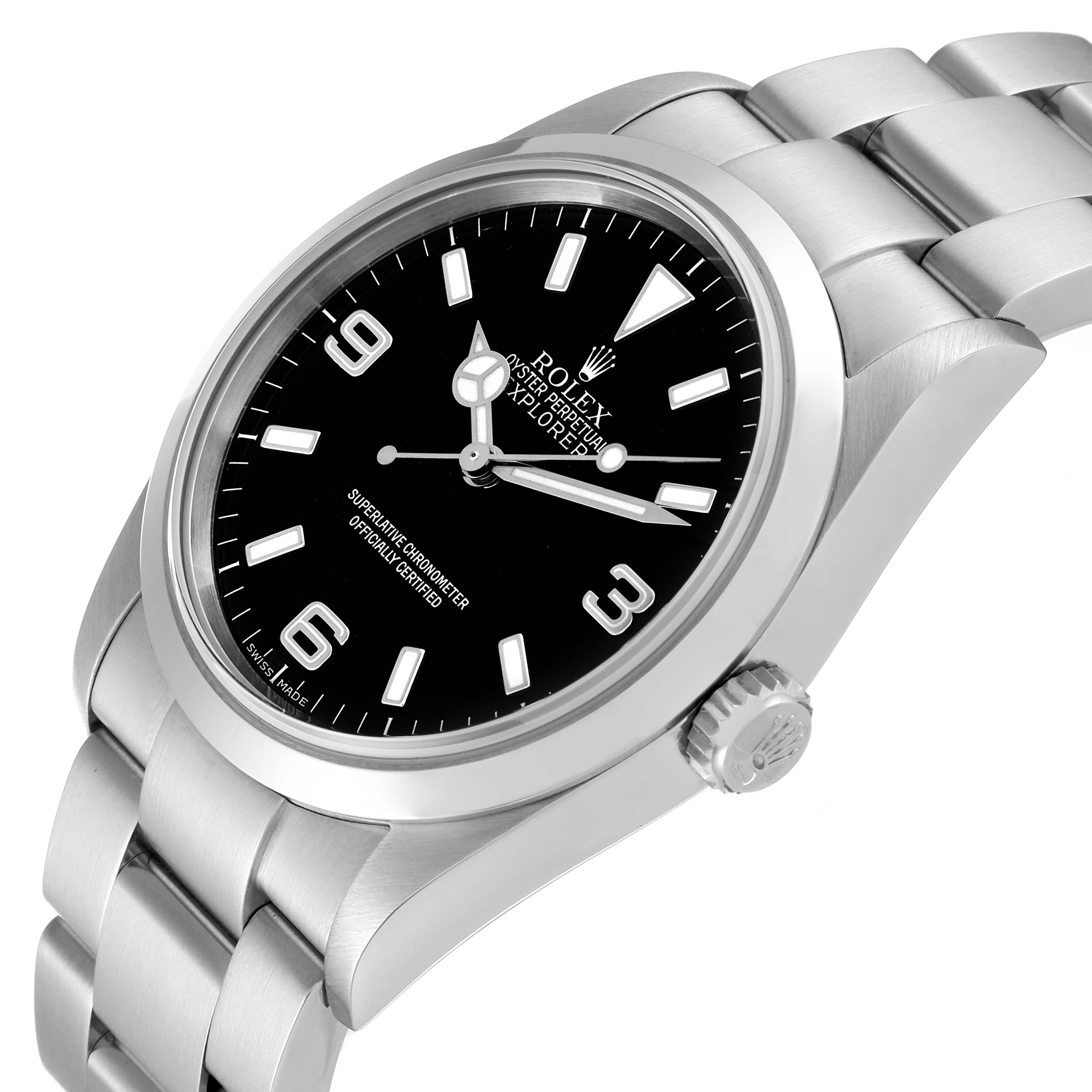 This image shows a Rolex Explorer 114270 Men
s Stainless Steel Black Dial 114270 Men
s Stainless Steel Black Dial watch angled to display the face, bezel, case, crown, and part of the bracelet.