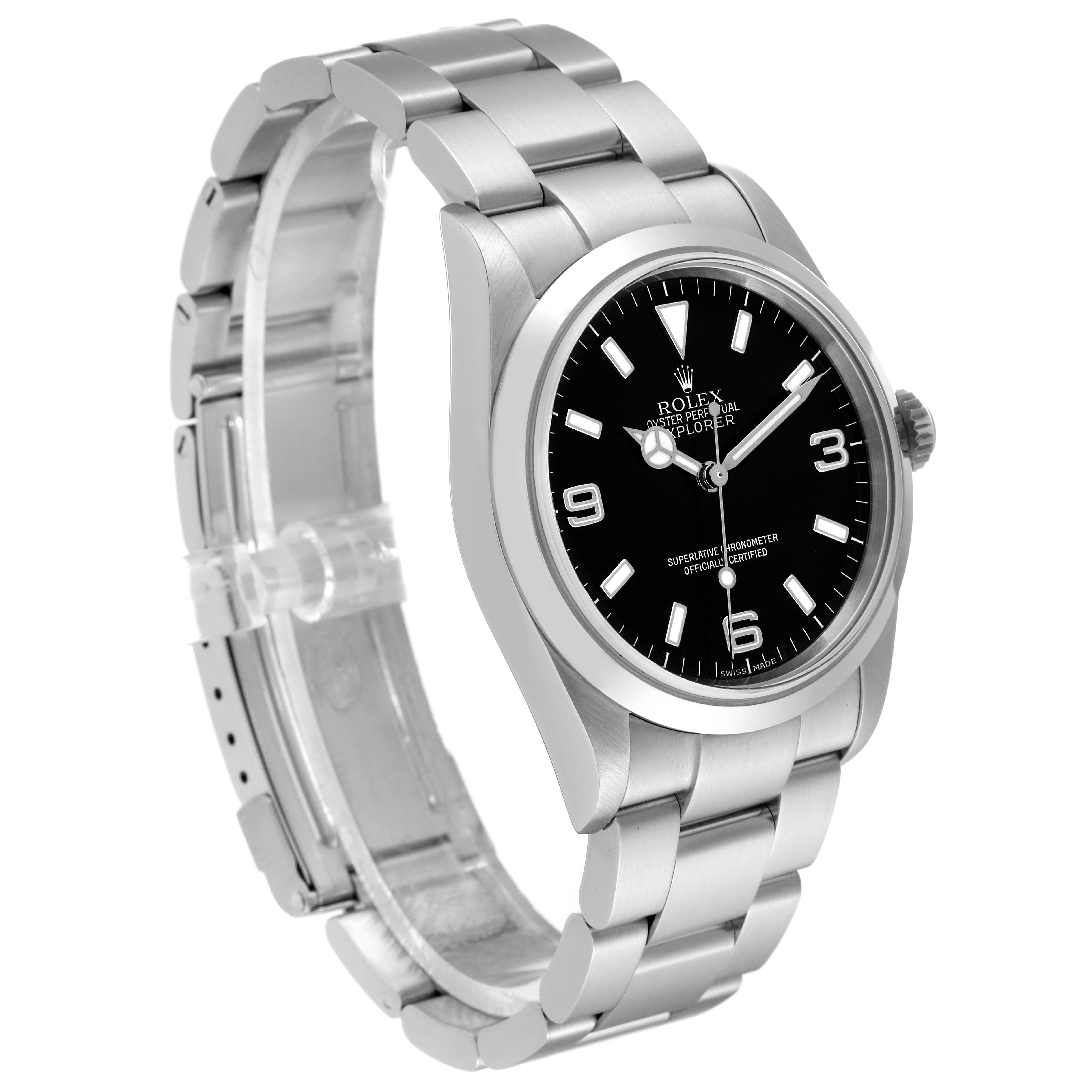 The image shows a side-angle view of the Rolex Explorer 114270 Men
s Stainless Steel Black Dial 114270 Men
s Stainless Steel Black Dial watch, highlighting the dial, bezel, and metallic strap.
