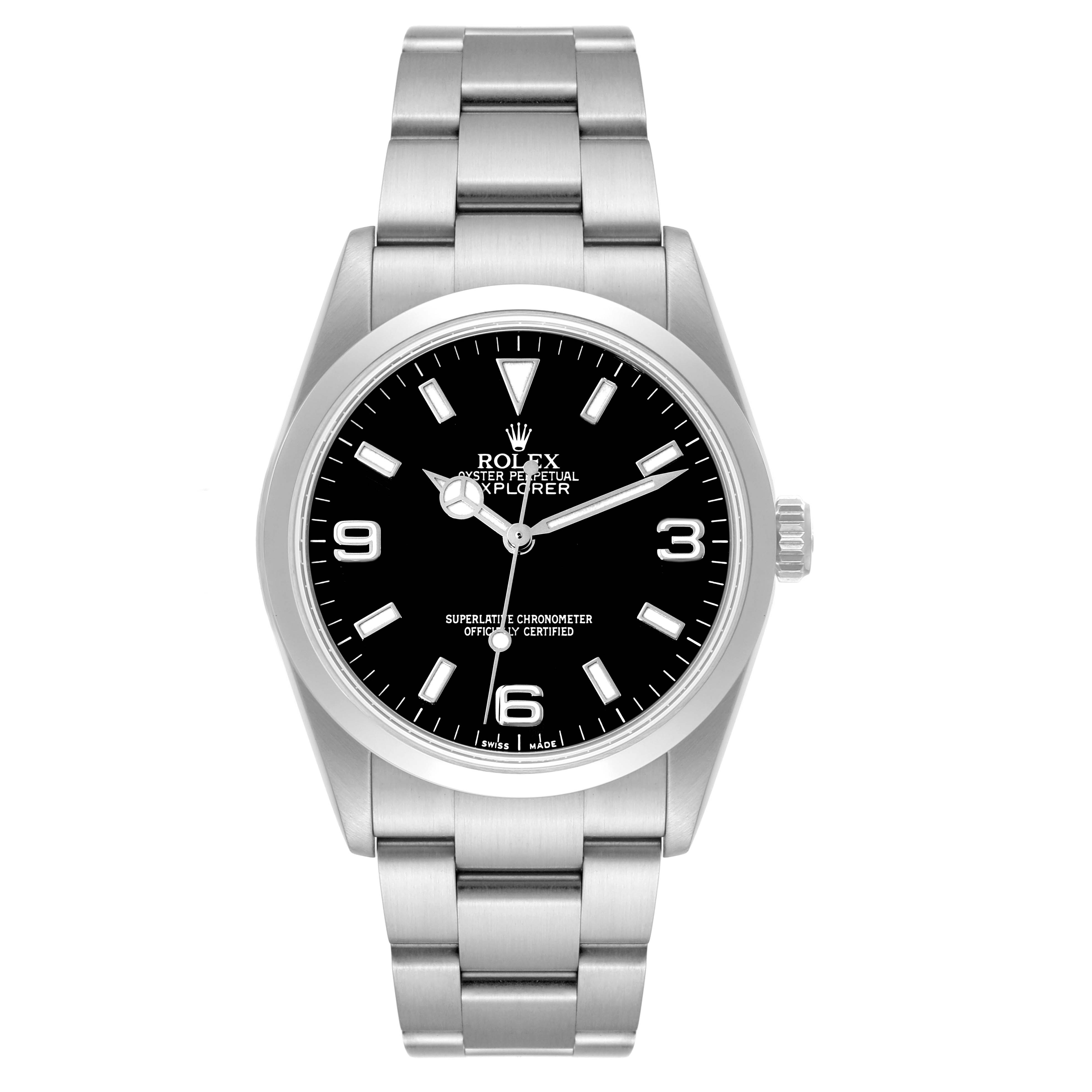 This image shows a front view of a Rolex Explorer 114270 Men
s Stainless Steel Black Dial 114270 Men
s Stainless Steel Black Dial watch, displaying its face, hands, case, and bracelet.