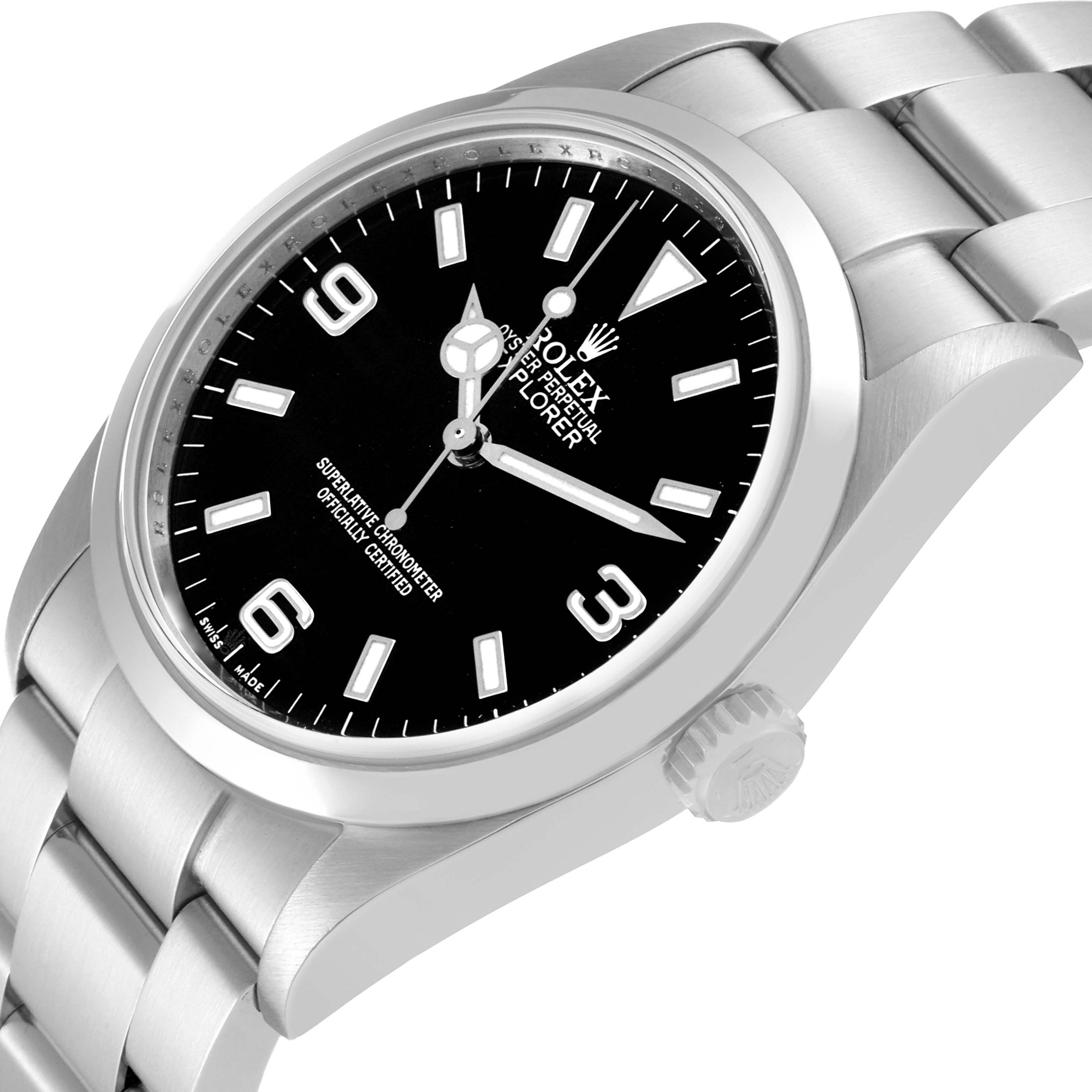 The image shows an angled close-up of the Rolex Explorer 114270 Men
s Stainless Steel Black Dial 114270 Men
s Stainless Steel Black Dial model, highlighting its dial, bezel, and part of the bracelet.