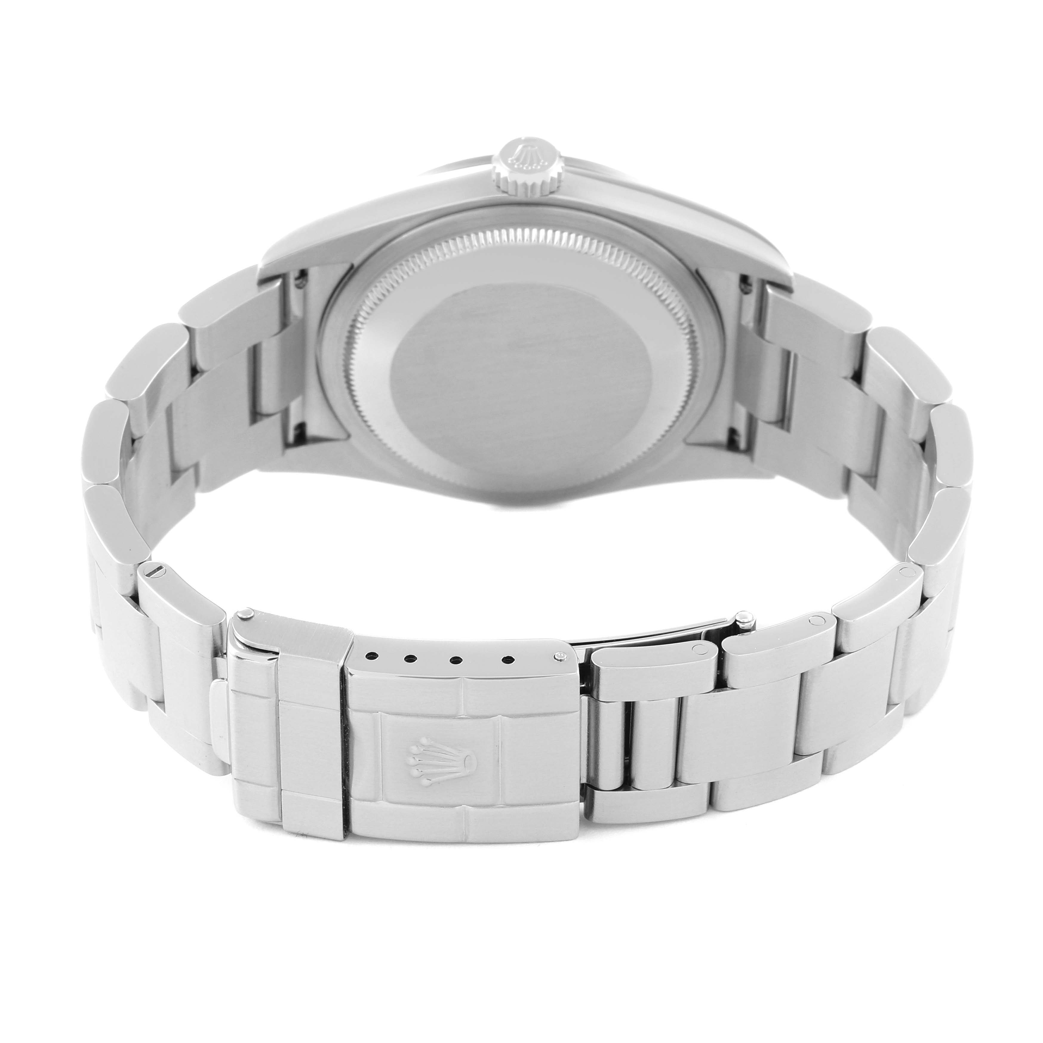 This image shows the back case and bracelet of a Rolex Explorer 114270 Men
s Stainless Steel Black Dial 114270 Men
s Stainless Steel Black Dial watch from a rear angle.