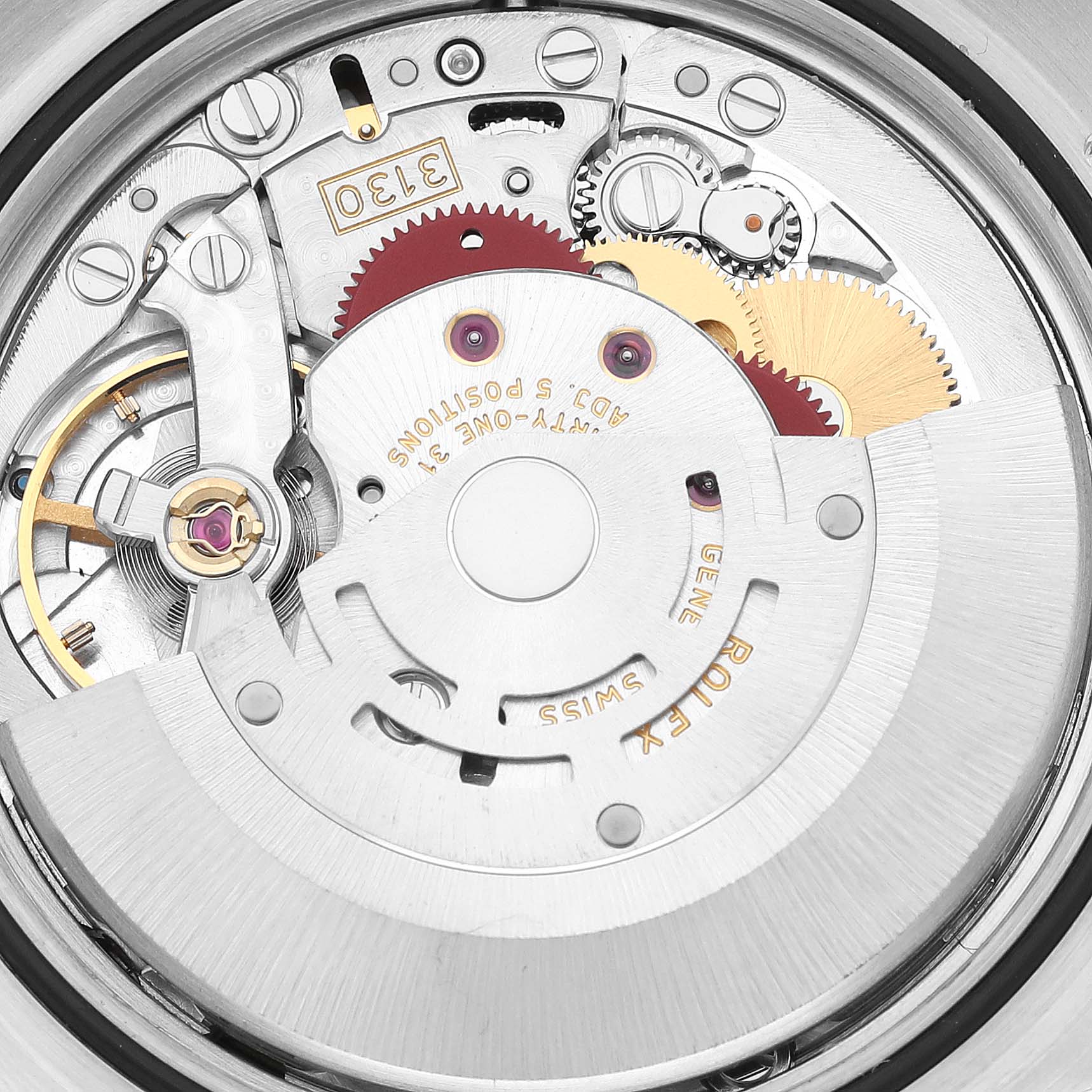 This is a close-up view of the internal mechanical movement of a Rolex Explorer 114270 Men
s Stainless Steel Black Dial 114270 Men
s Stainless Steel Black Dial watch.