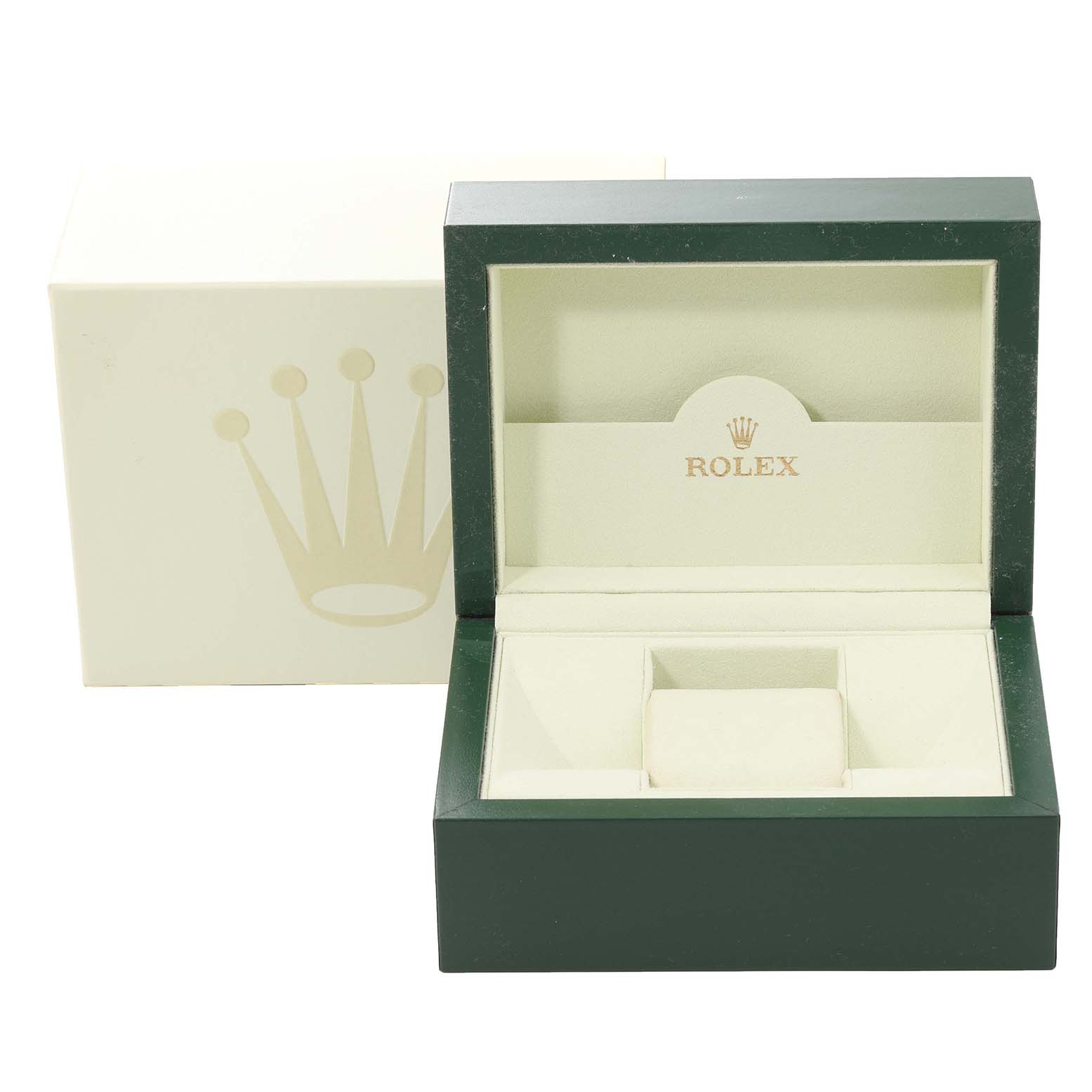 The image shows an open Rolex Explorer 114270 Men
s Stainless Steel Black Dial 114270 Men
s Stainless Steel Black Dial watch box with a green exterior and a beige interior, featuring the Rolex logo.