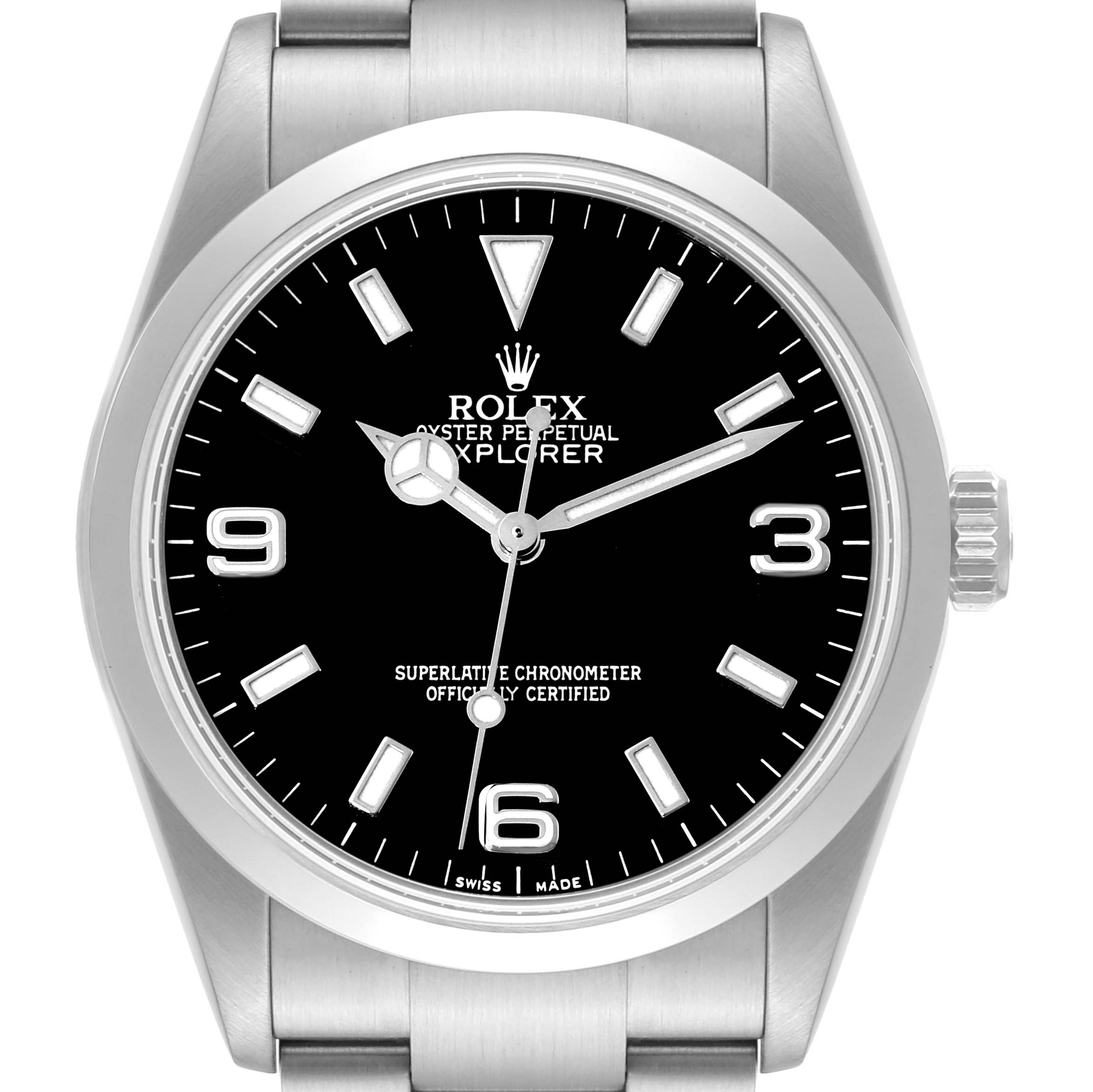 The image shows a front view of a Rolex Explorer 114270 Men
s Stainless Steel Black Dial 114270 Men
s Stainless Steel Black Dial watch, highlighting its dial, case, bezel, and bracelet.