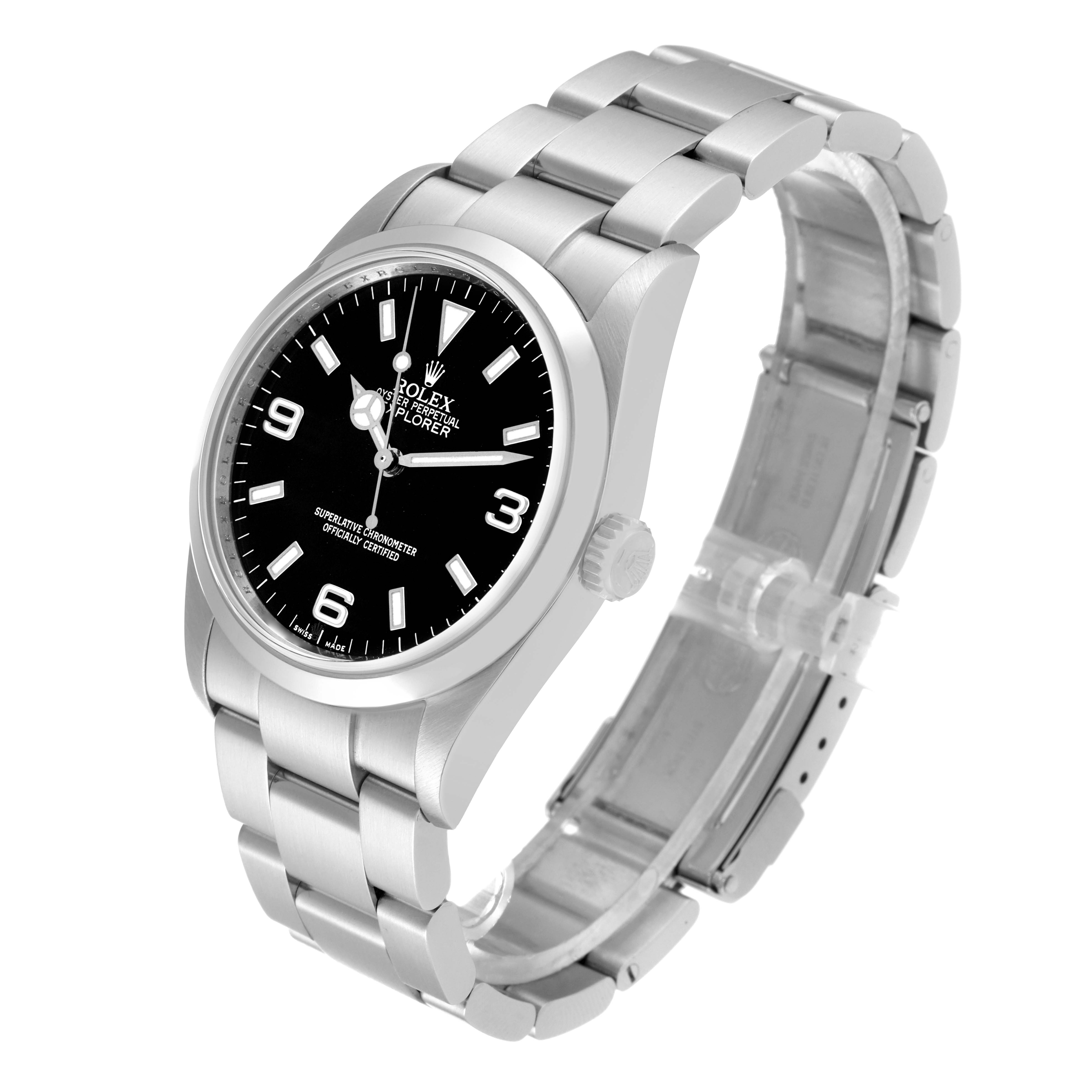 The image shows a Rolex Explorer 114270 Men
s Stainless Steel Black Dial 114270 Men
s Stainless Steel Black Dial watch at an angle highlighting the face, bezel, crown, and bracelet.