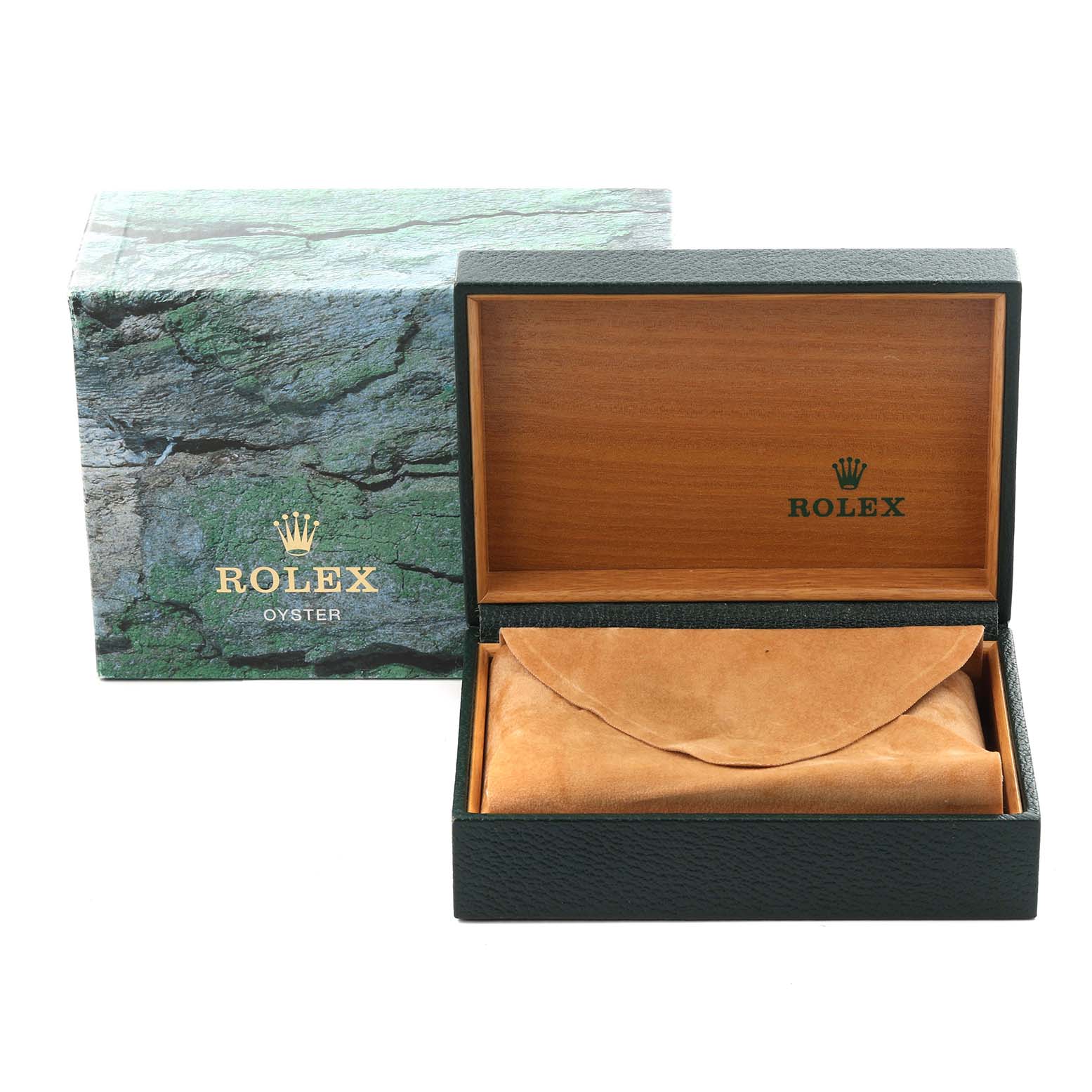 The image shows a Rolex Explorer 114270 Men's Stainless Steel Black Dial 114270 Men's Stainless Steel Black Dial watch box, open to reveal a suede pouch inside, with branding visible on the interior.