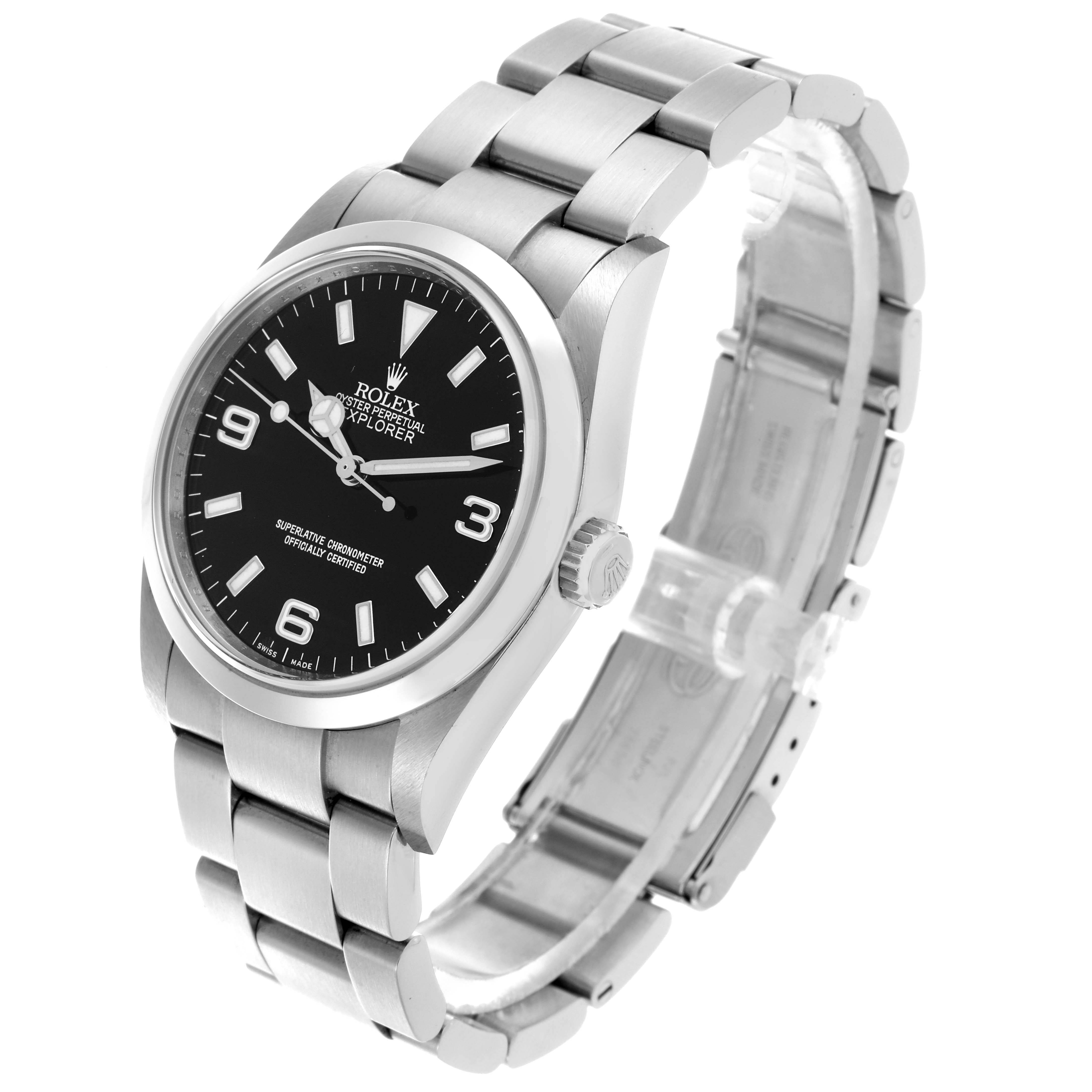 The Rolex Explorer 114270 Men's Stainless Steel Black Dial 114270 Men's Stainless Steel Black Dial watch is shown at a slight angle, highlighting the watch face, crown, and bracelet.