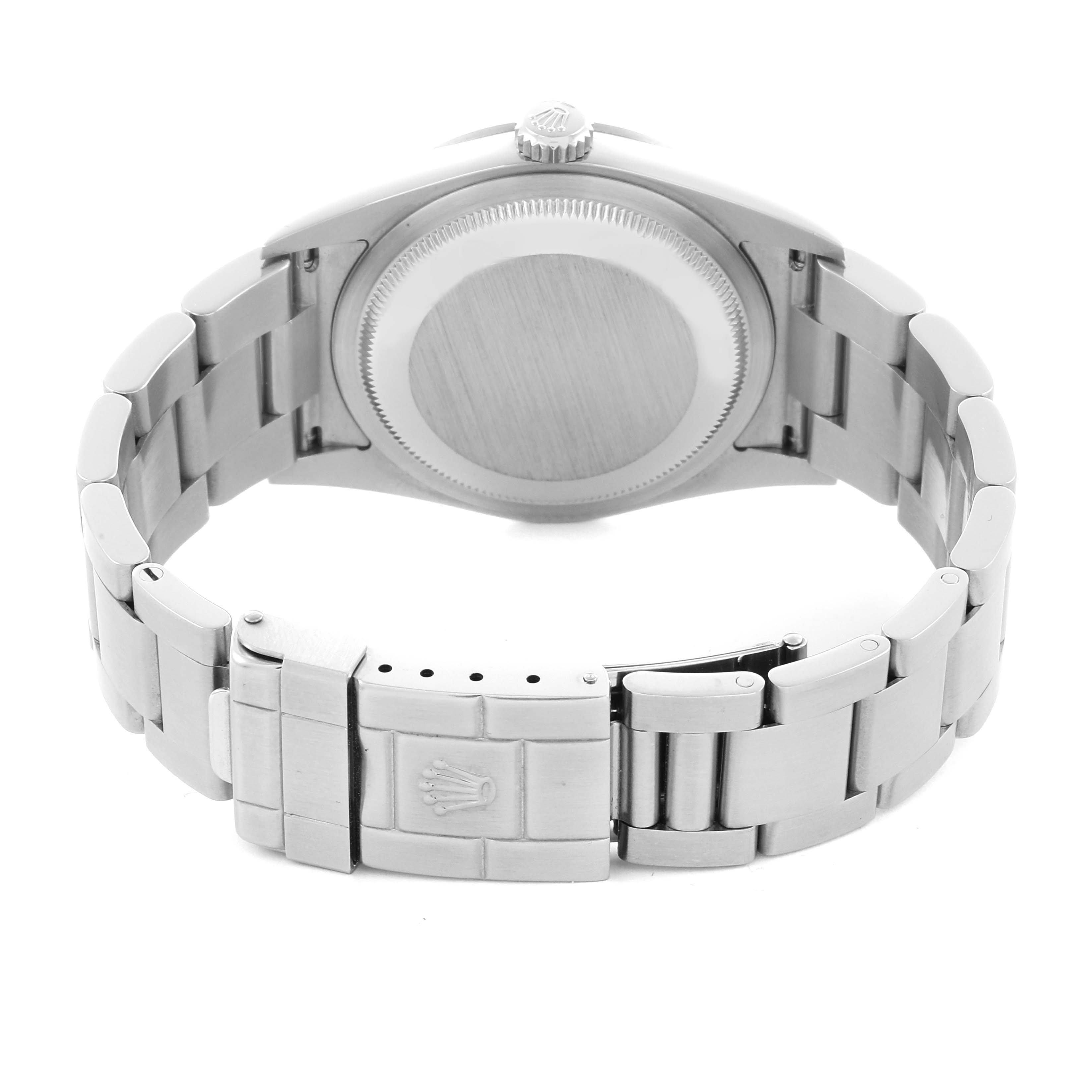 The image shows the back and bracelet clasp of the Rolex Explorer 114270 Men's Stainless Steel Black Dial 114270 Men's Stainless Steel Black Dial watch, highlighting the case back and metal strap.