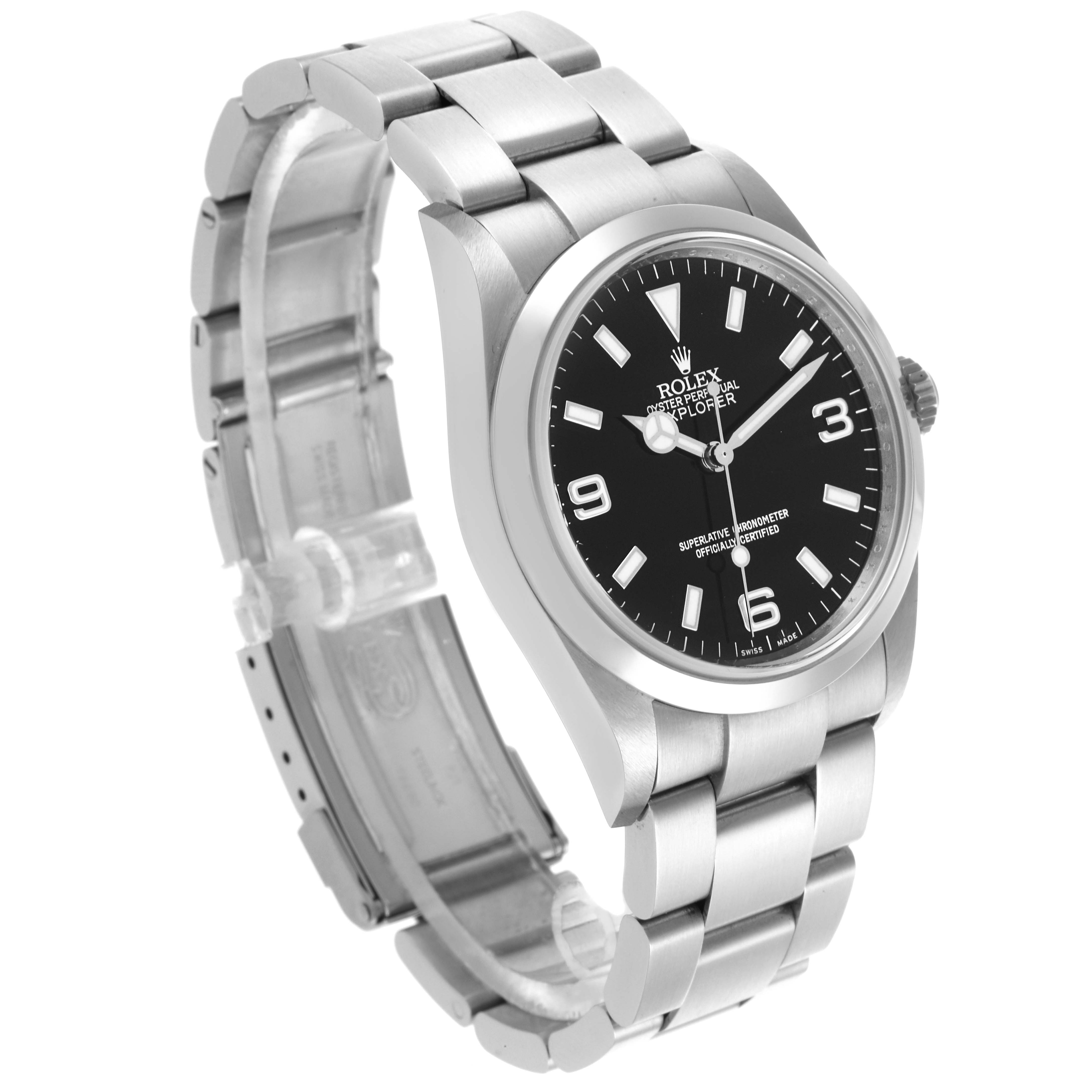 The Rolex Explorer 114270 Men's Stainless Steel Black Dial 114270 Men's Stainless Steel Black Dial watch is shown at an angle highlighting the face, bezel, and partially open bracelet.