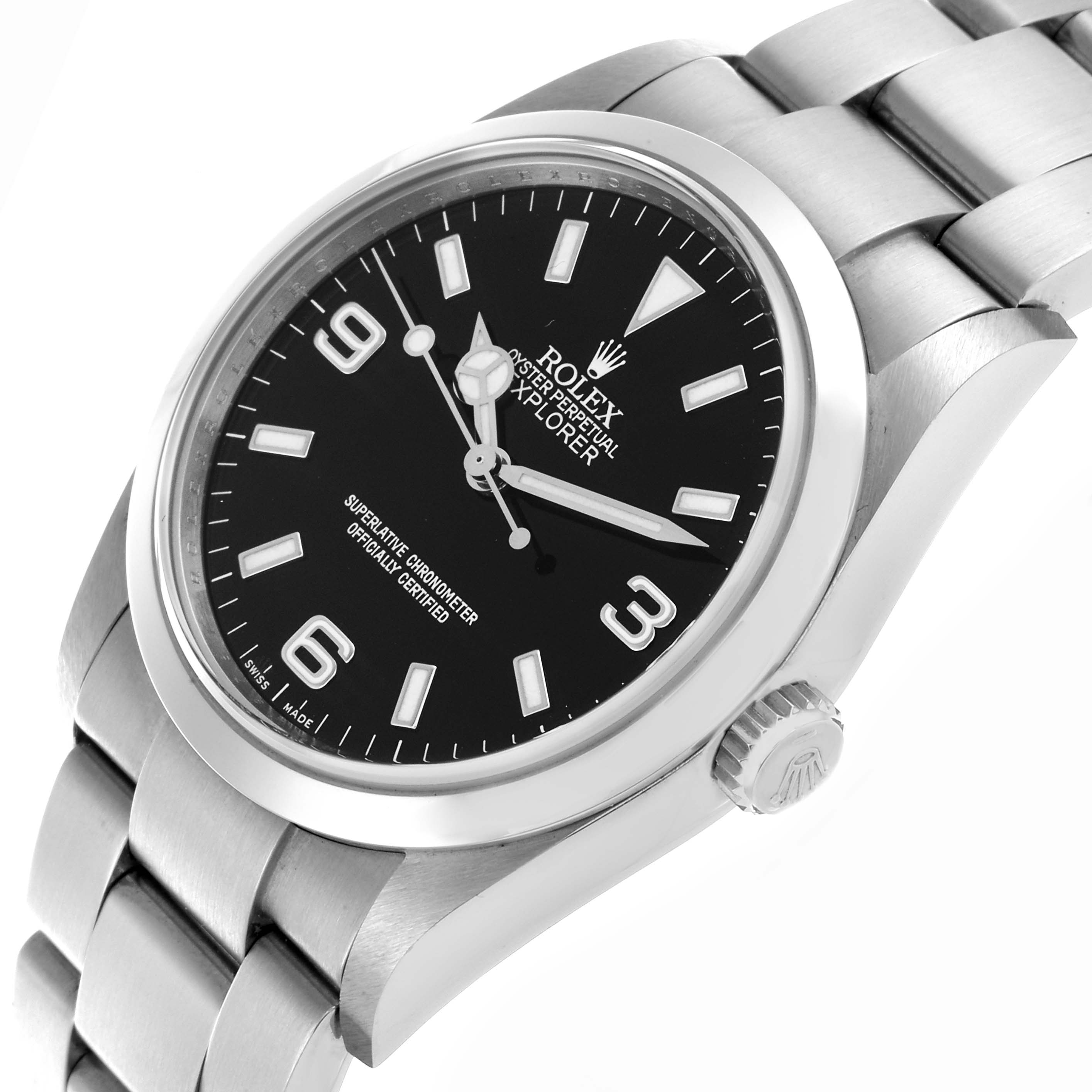 The Rolex Explorer 114270 Men's Stainless Steel Black Dial 114270 Men's Stainless Steel Black Dial watch is shown from an angled front view, displaying the face, bezel, crown, and part of the bracelet.