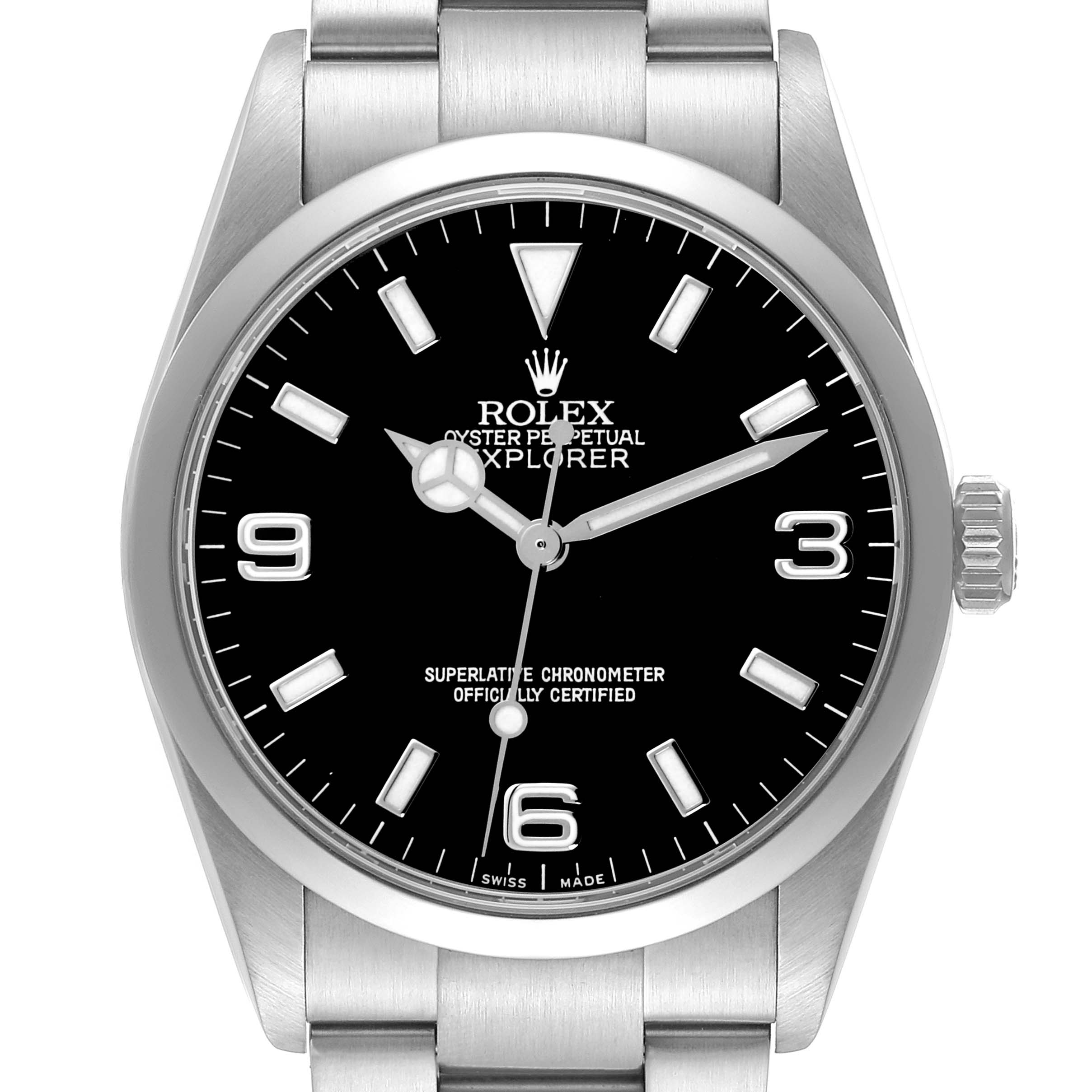The Rolex Explorer 114270 Men's Stainless Steel Black Dial 114270 Men's Stainless Steel Black Dial watch is shown from a front angle, highlighting the dial, bezel, and part of the bracelet.
