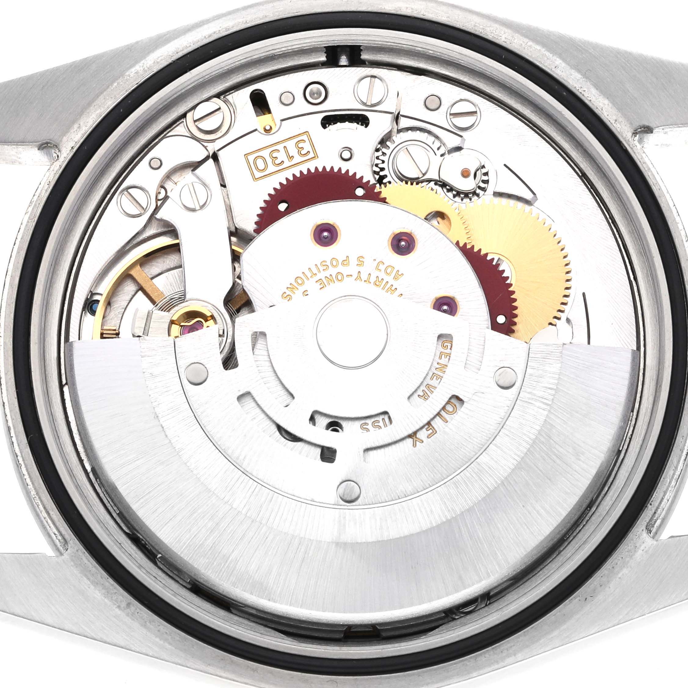 The image shows an internal view of the Rolex Explorer 114270 Men's Stainless Steel Black Dial 114270 Men's Stainless Steel Black Dial watch movement, focusing on gears and mechanisms.