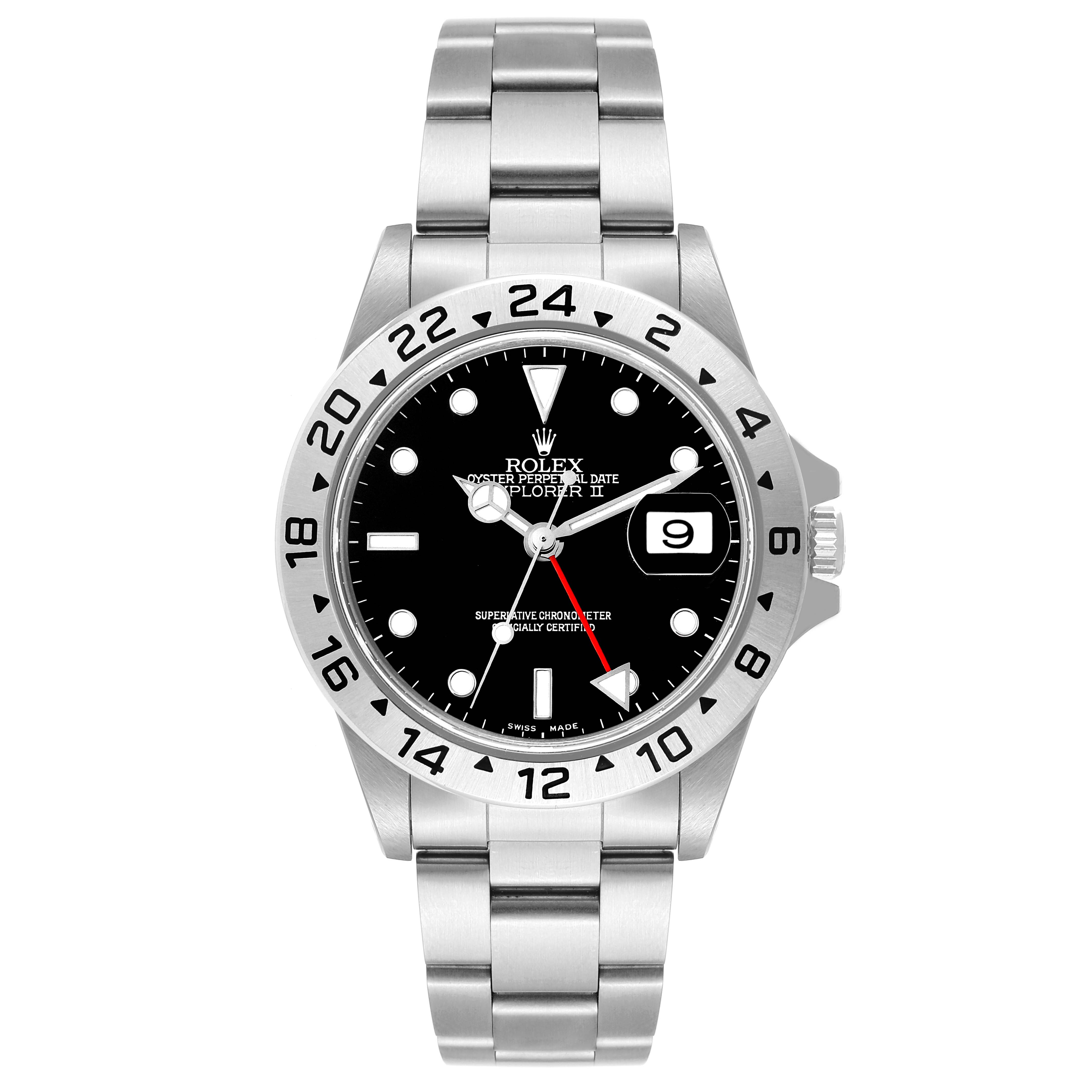 This image shows a front view of the Rolex Explorer 16570 Men
s Stainless Steel Black Dial 16570 Men
s Stainless Steel Black Dial watch, displaying its bezel, dial, hands, and bracelet.