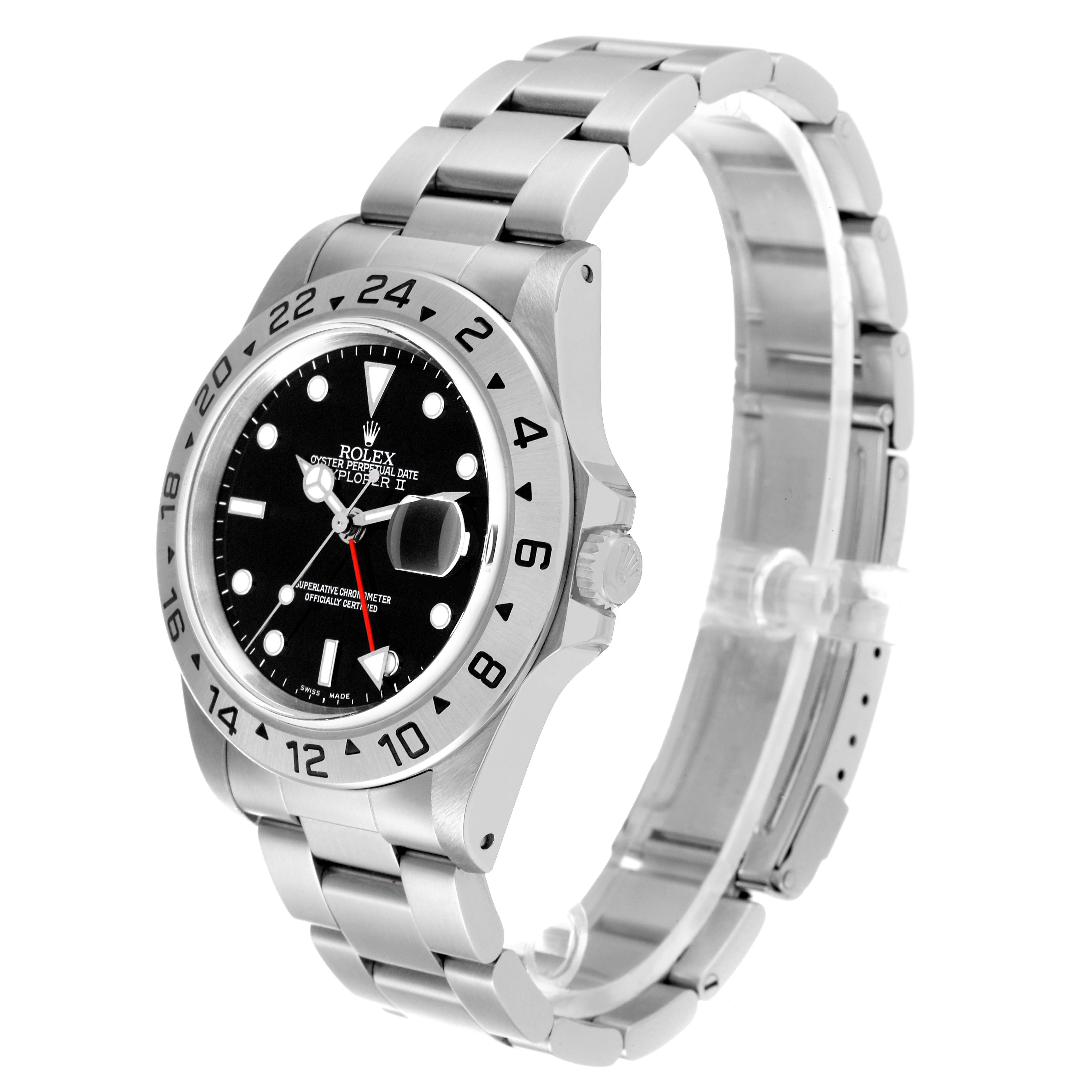 The Rolex Explorer 16570 Men
s Stainless Steel Black Dial 16570 Men
s Stainless Steel Black Dial watch is shown from a front-side angle, highlighting its dial, bezel, and part of the band.