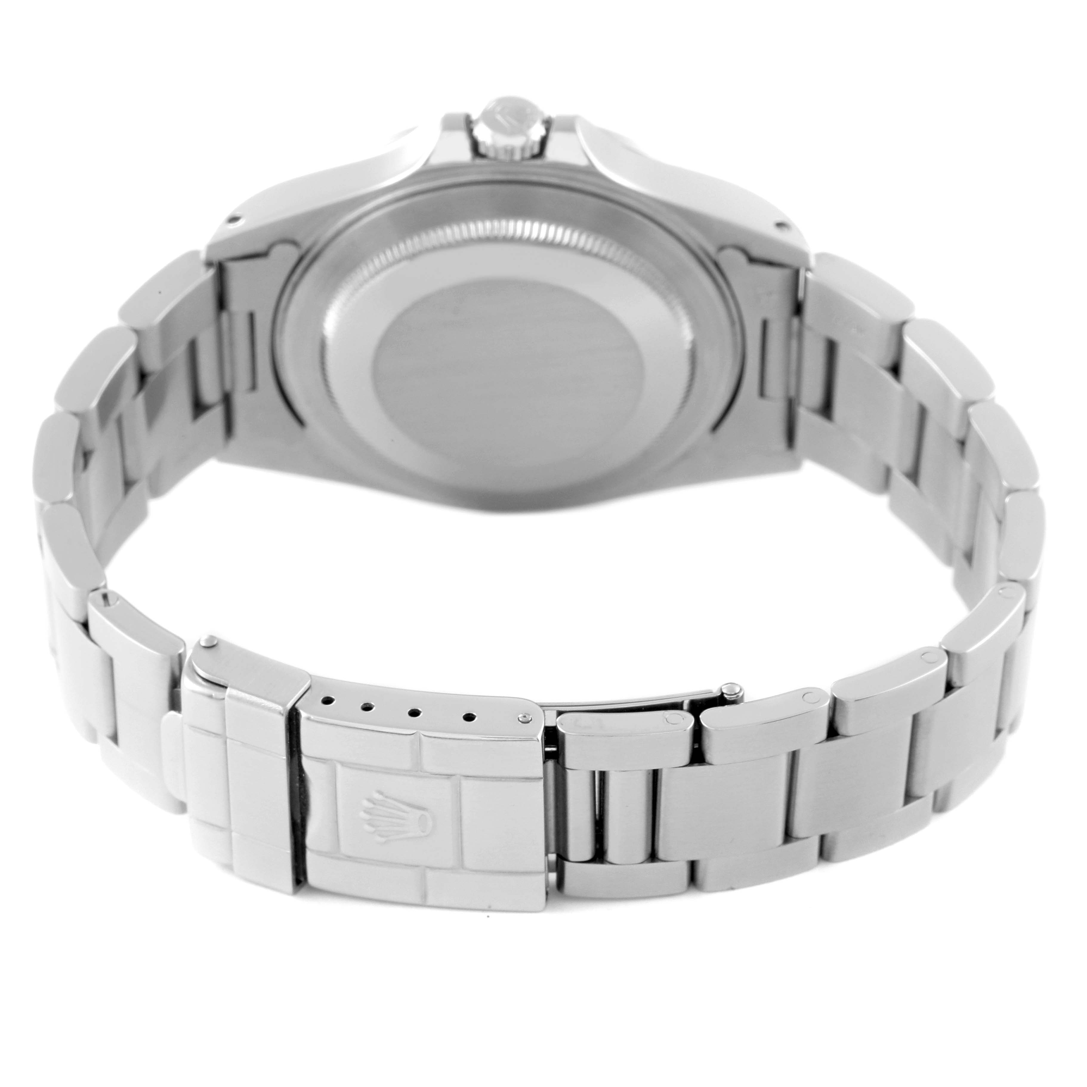 The image shows the back of the Rolex Explorer 16570 Men
s Stainless Steel Black Dial 16570 Men
s Stainless Steel Black Dial wristwatch, highlighting the caseback, bracelet, and clasp.