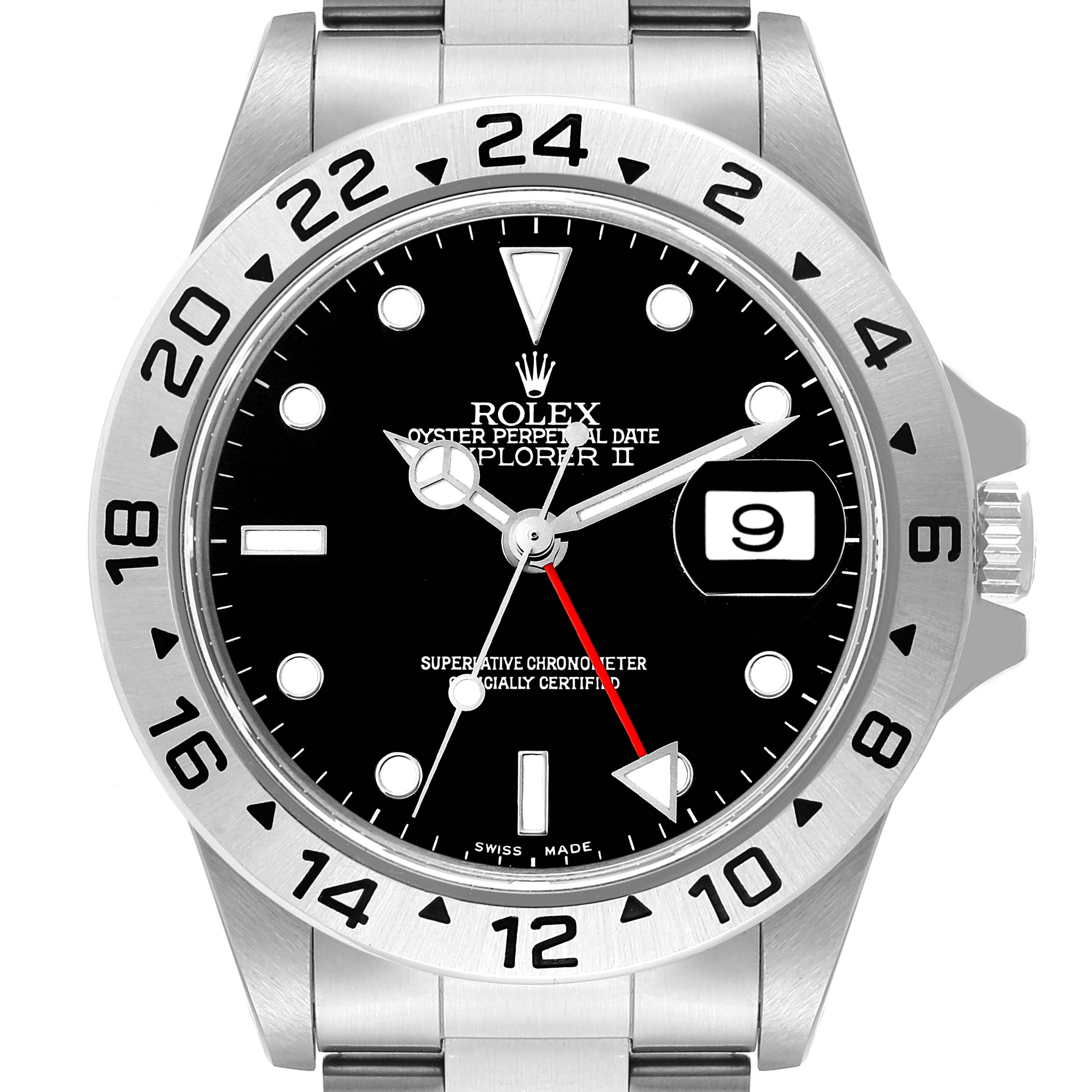 The image shows a front view of the Rolex Explorer 16570 Men
s Stainless Steel Black Dial 16570 Men
s Stainless Steel Black Dial watch, displaying the dial, bezel, crown, and bracelet.