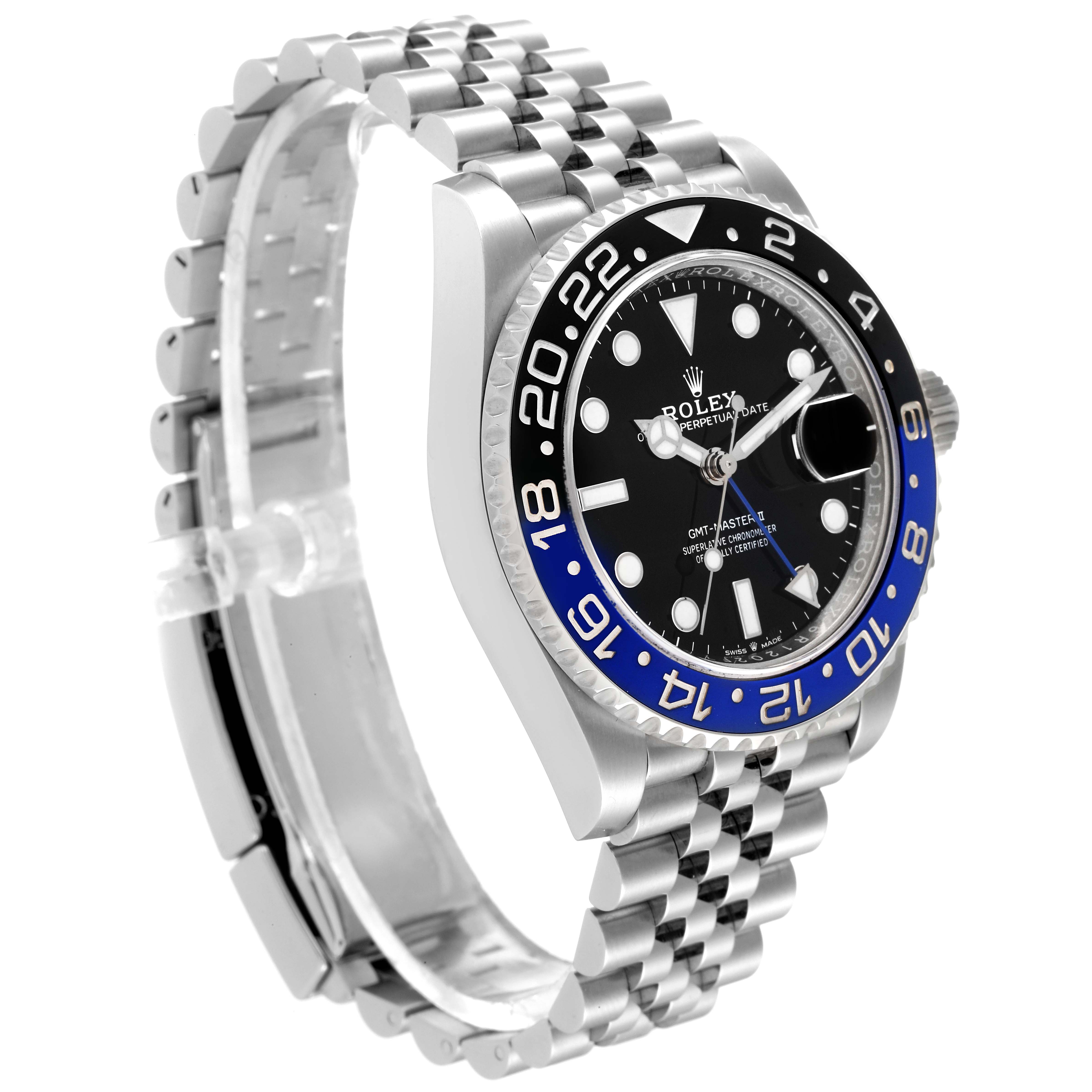 The image shows a Rolex GMT-Master 126710 Men's Stainless Steel Black Dial 126710 Men's Stainless Steel Black Dial watch at a three-quarter angle, showcasing its bezel, dial, and bracelet.