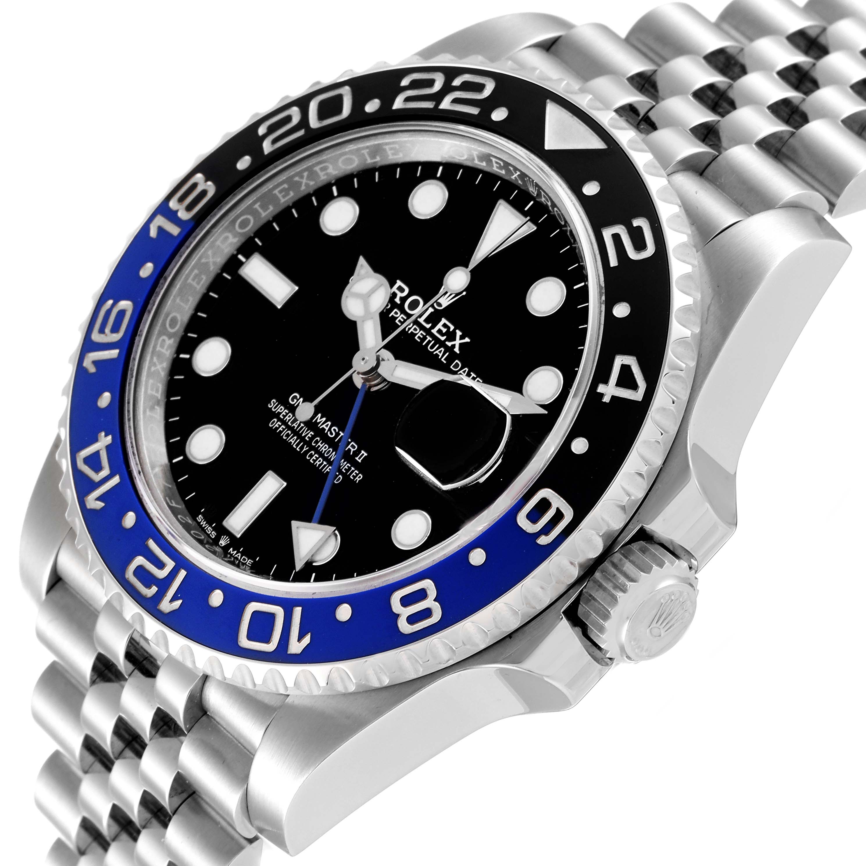 This image shows a side angle of the Rolex GMT-Master 126710 Men's Stainless Steel Black Dial 126710 Men's Stainless Steel Black Dial watch, highlighting its bezel, dial, and bracelet.