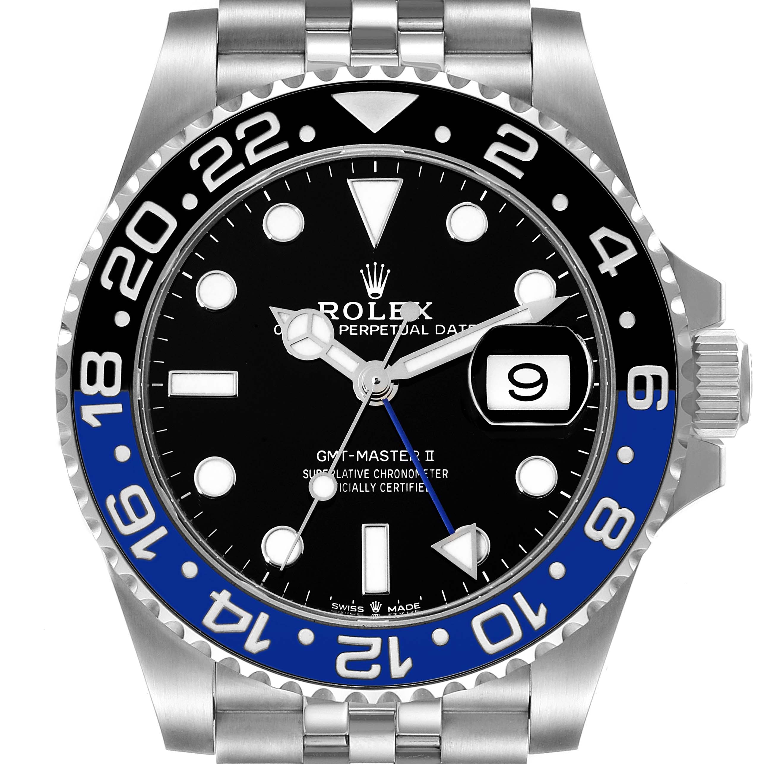 This close-up image shows the dial, bezel, and part of the bracelet of a Rolex GMT-Master 126710 Men's Stainless Steel Black Dial 126710 Men's Stainless Steel Black Dial II watch.