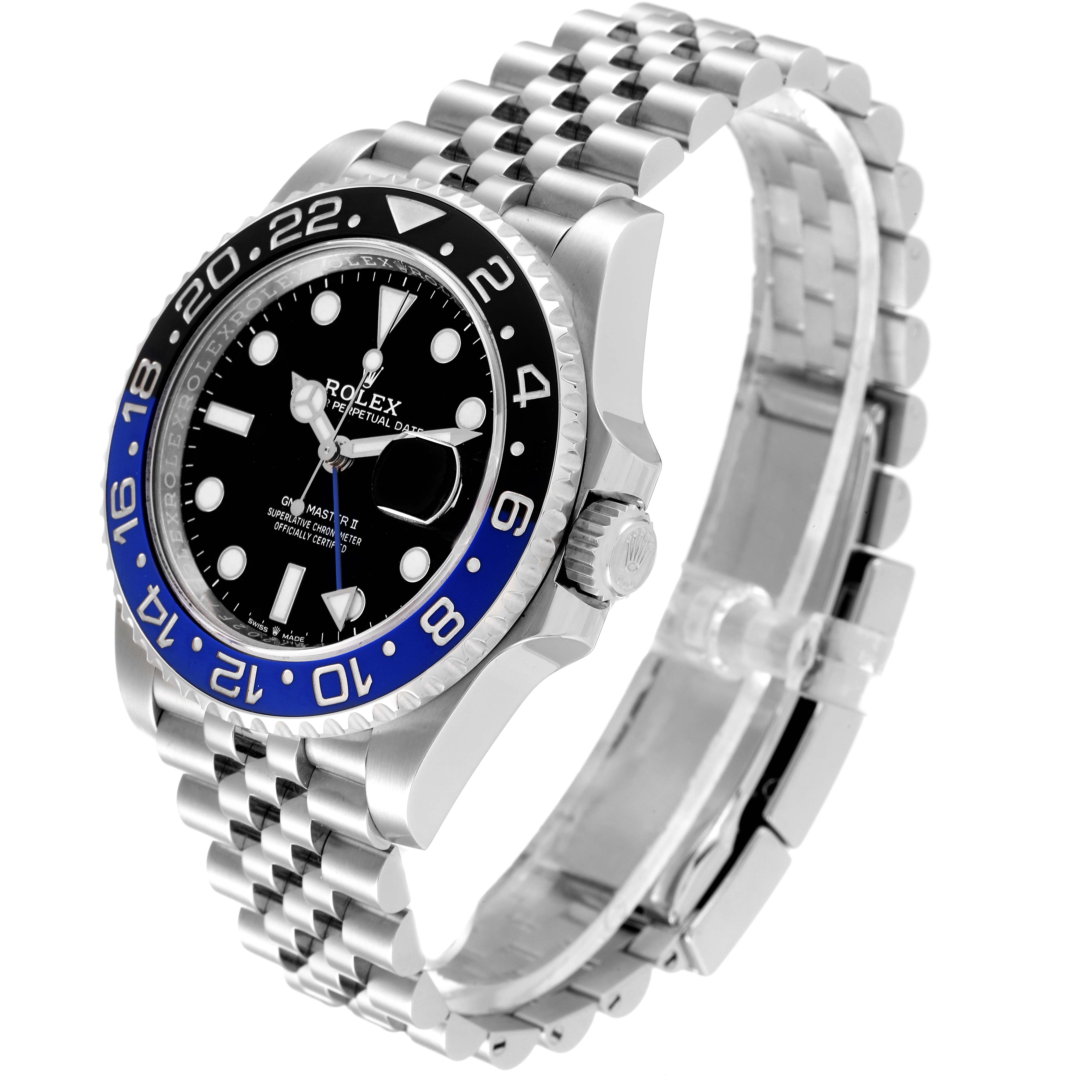 The image shows a Rolex GMT-Master 126710 Men's Stainless Steel Black Dial 126710 Men's Stainless Steel Black Dial watch at a three-quarter angle, highlighting the face, bezel, crown, and bracelet.