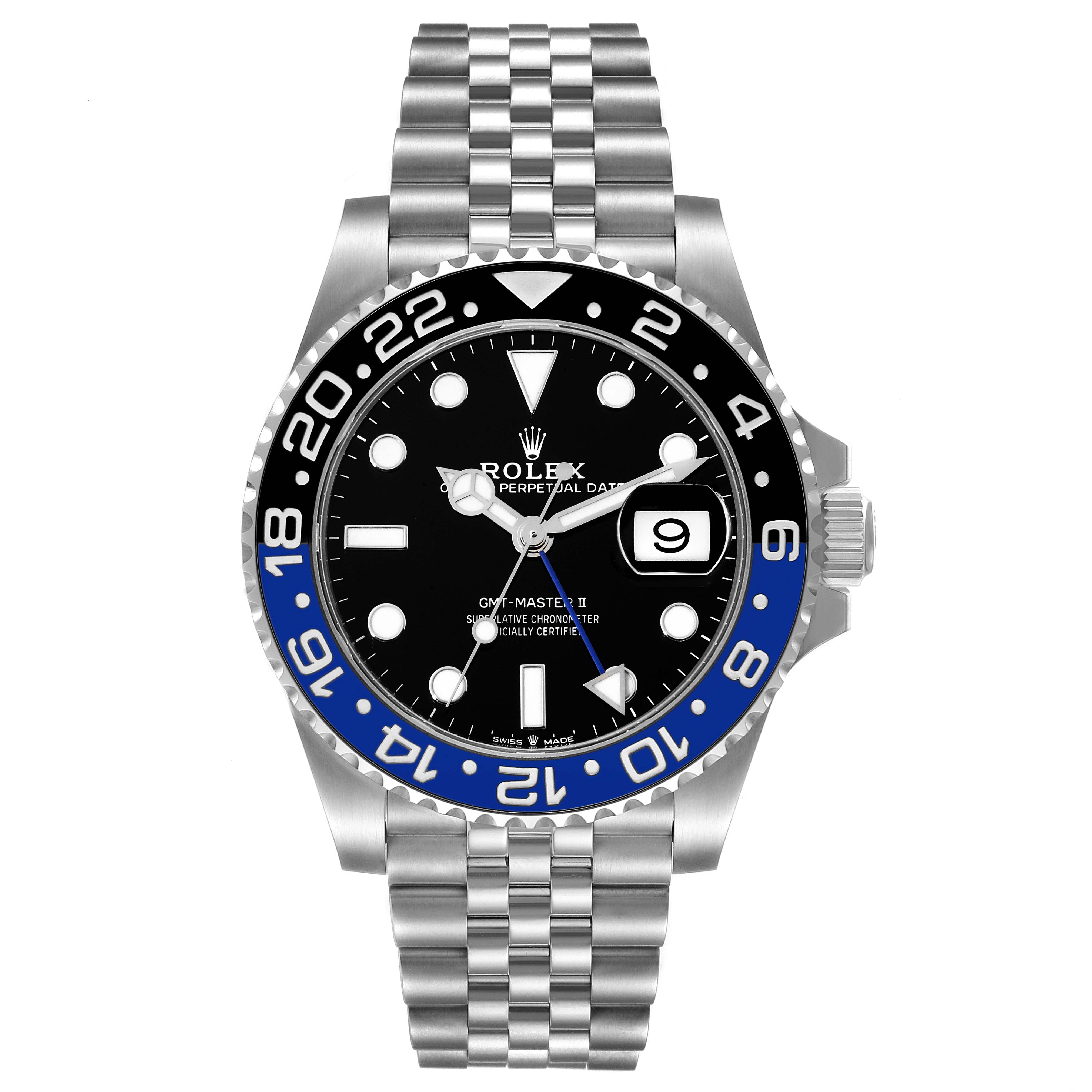 The Rolex GMT-Master 126710 Men's Stainless Steel Black Dial 126710 Men's Stainless Steel Black Dial watch is shown from a top-down angle, featuring the dial, bezel, and bracelet.