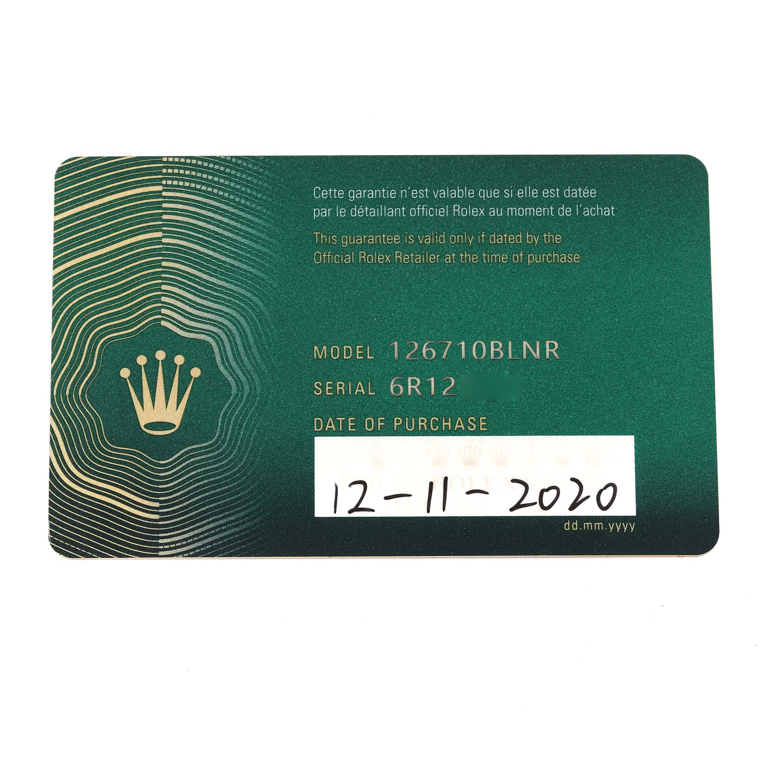 This image shows the warranty card for the Rolex GMT-Master 126710 Men's Stainless Steel Black Dial 126710 Men's Stainless Steel Black Dial model 126710BLNR.