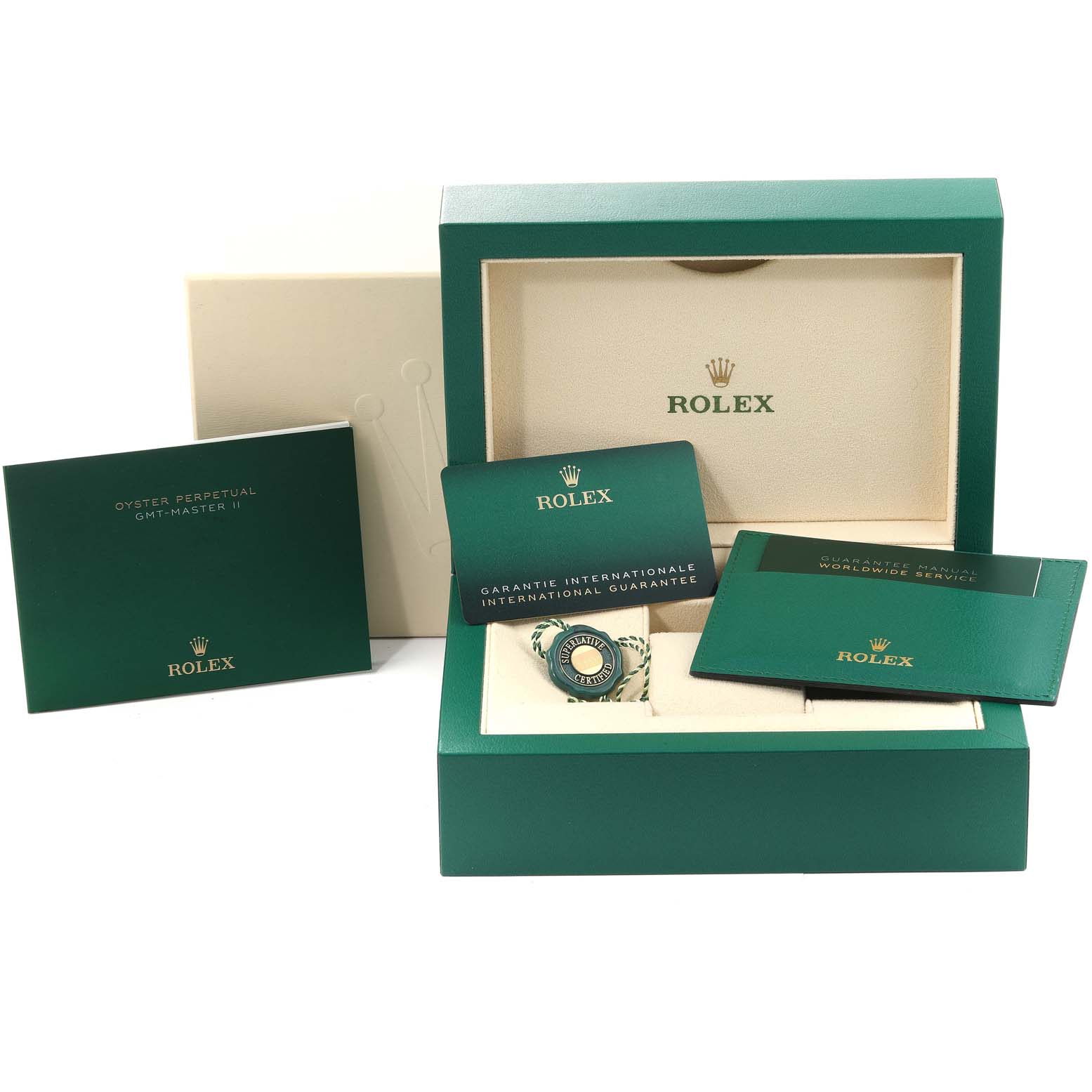 The image shows a Rolex GMT-Master 126710 Men's Stainless Steel Black Dial 126710 Men's Stainless Steel Black Dial watch box, warranty card, manual, and tags, viewed from the front.