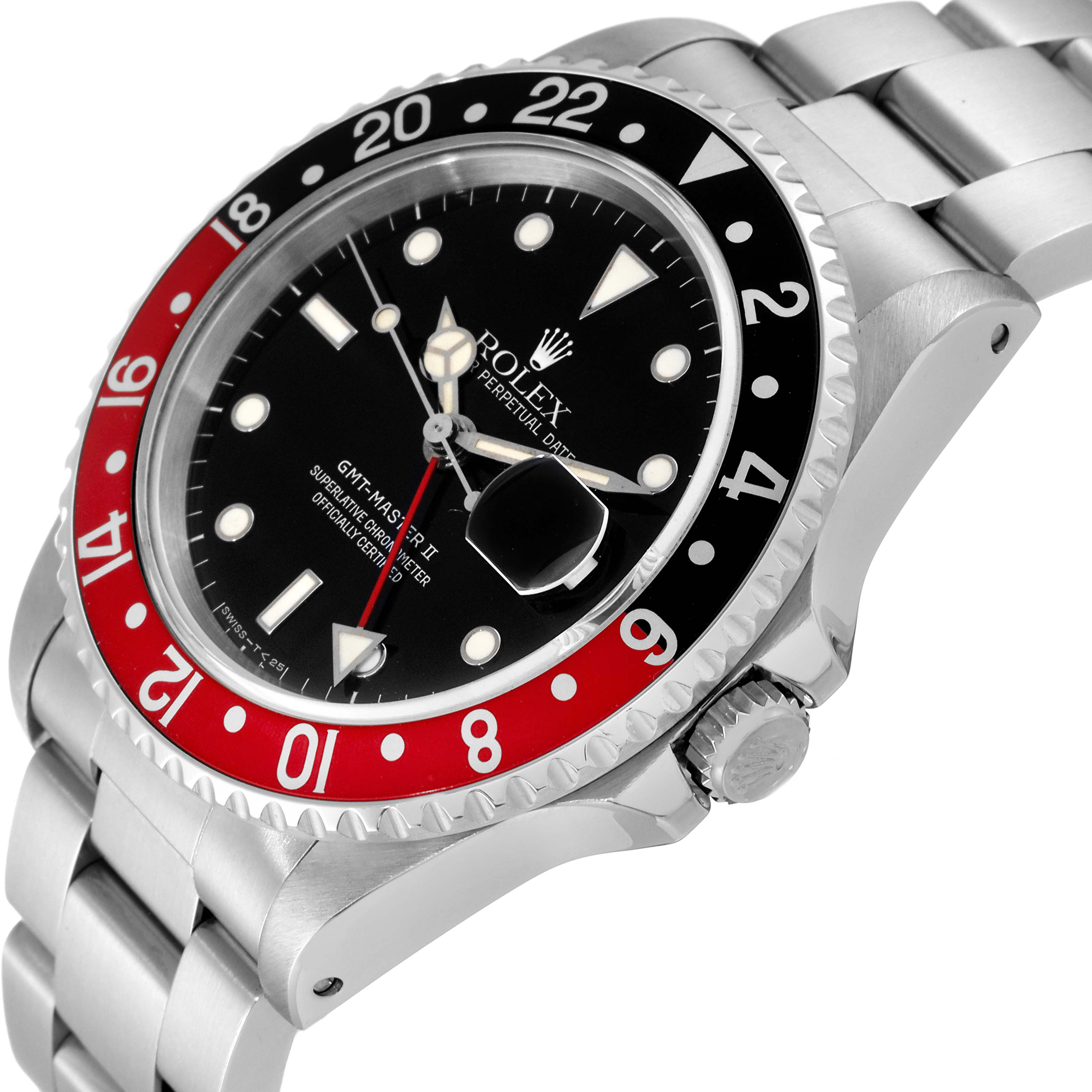 The image shows a close-up of the Rolex GMT-Master 16710 Men's Stainless Steel Black Dial 16710 Men's Stainless Steel Black Dial model watch at an angle, highlighting its bezel, crown, and bracelet.