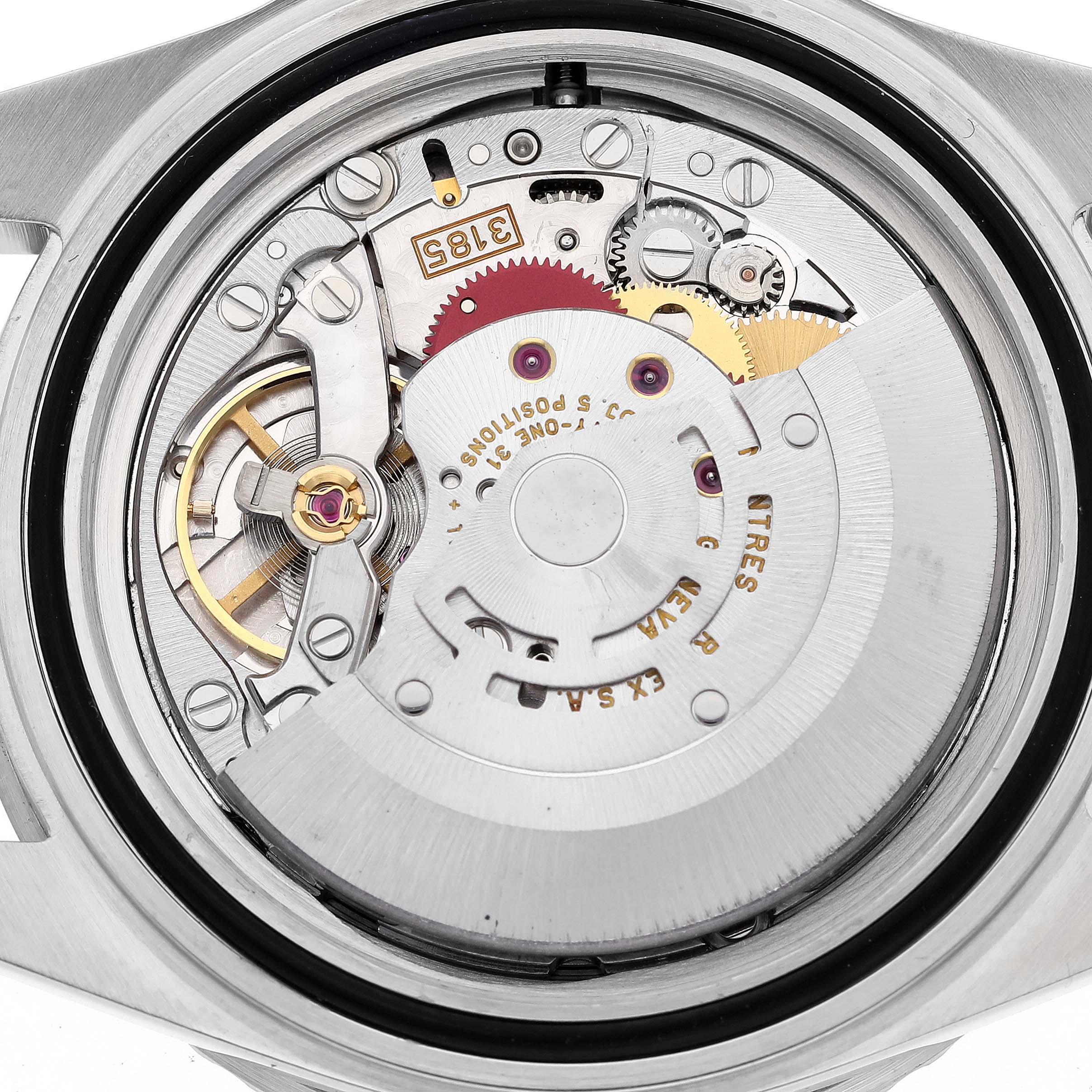 This image shows the intricate movement and internal components of a Rolex GMT-Master 16710 Men's Stainless Steel Black Dial 16710 Men's Stainless Steel Black Dial watch from a close-up, back angle.