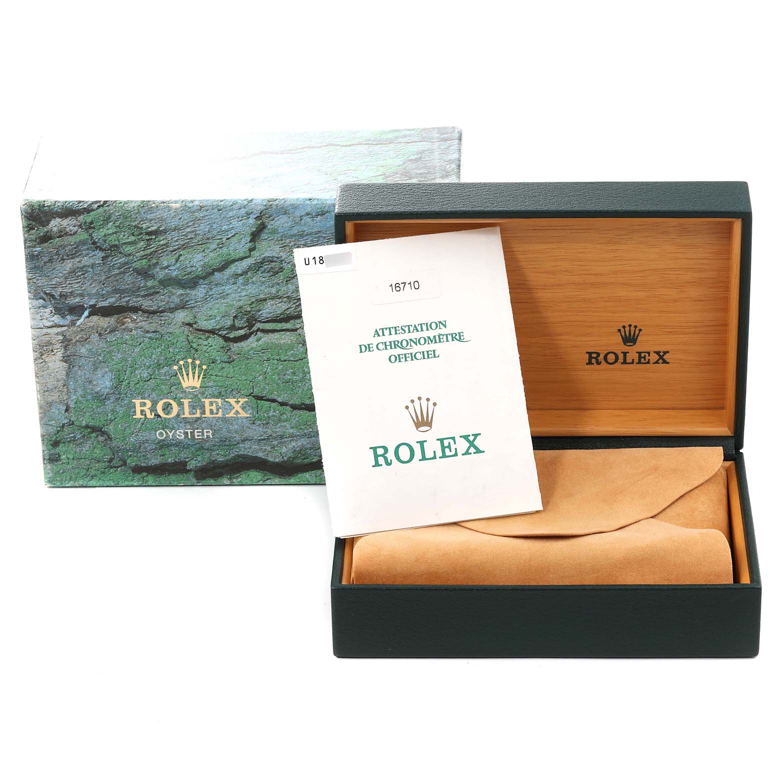 The image shows a Rolex GMT-Master 16710 Men's Stainless Steel Black Dial 16710 Men's Stainless Steel Black Dial watch box, outer box, and accompanying certification papers from a front angle.